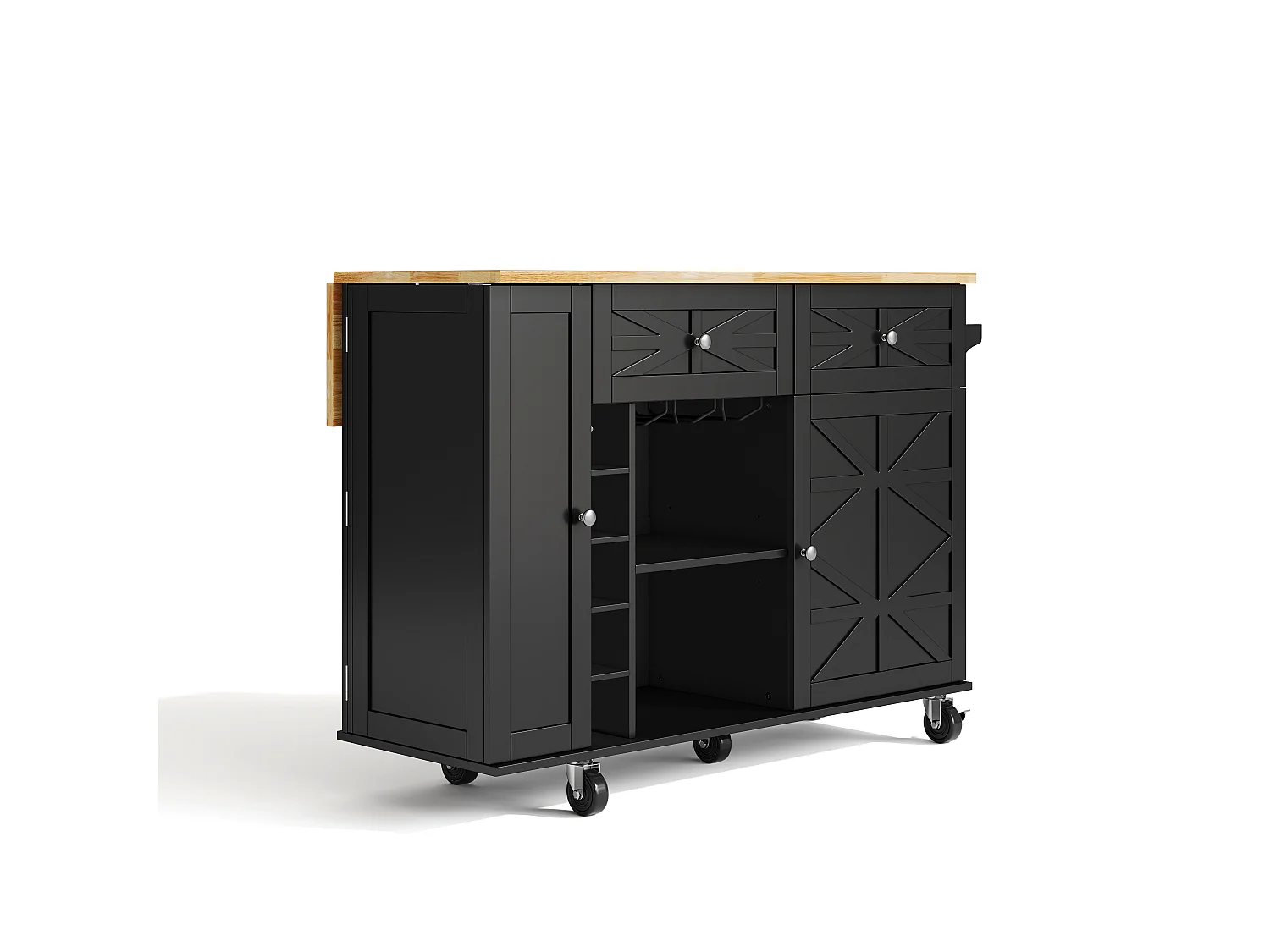Mobile kitchen island with foldable tabletop - 120 x 45/70 x 89 cm - with 2 doors + 2 drawers - MDF - black