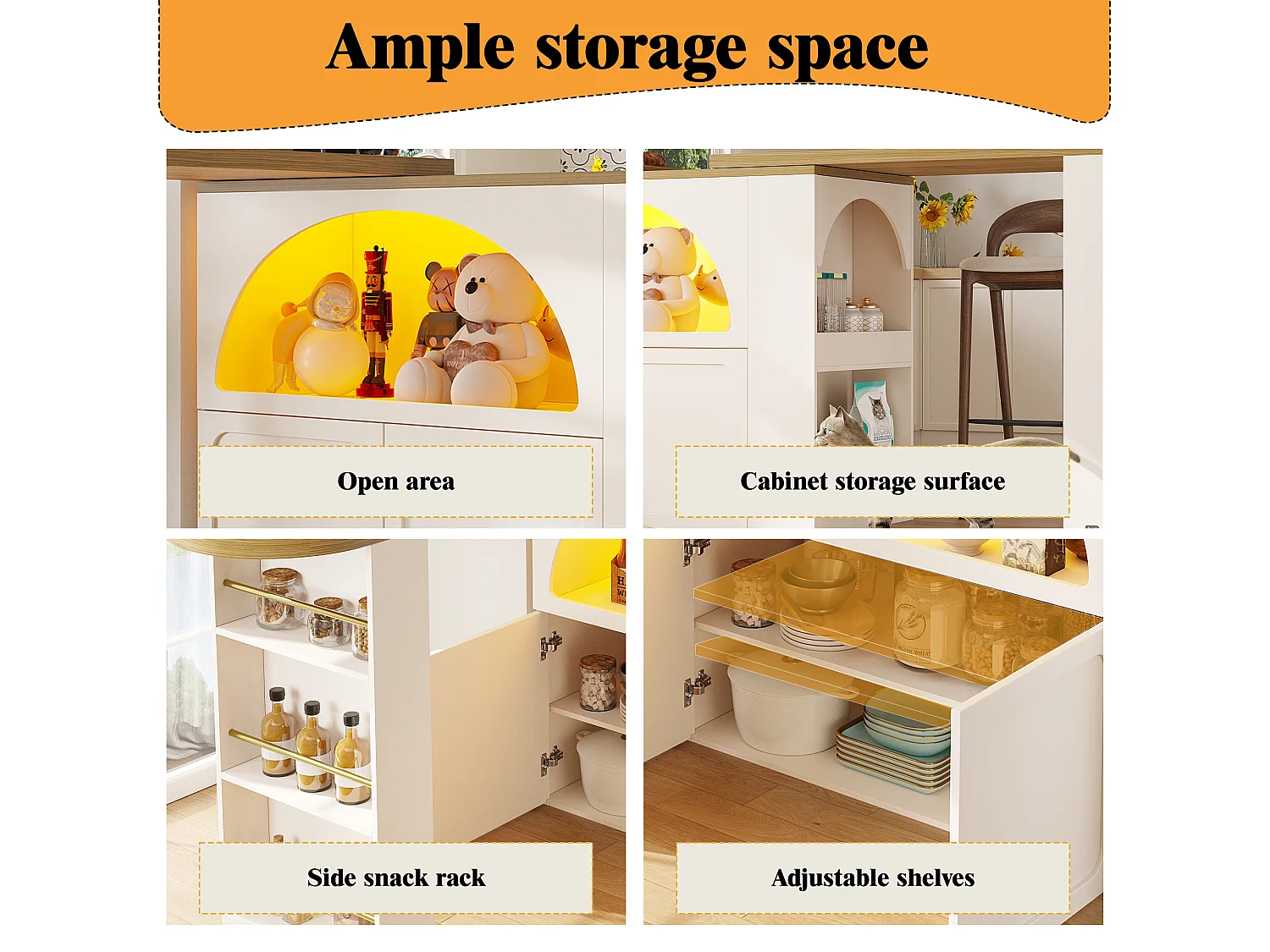 Ausziehbarer Stehtisch mit Stauraum - 135-205 x 39 x 100 cm - mobile Kücheninsel mit LEDs + 2 Türen - MDF - weiß