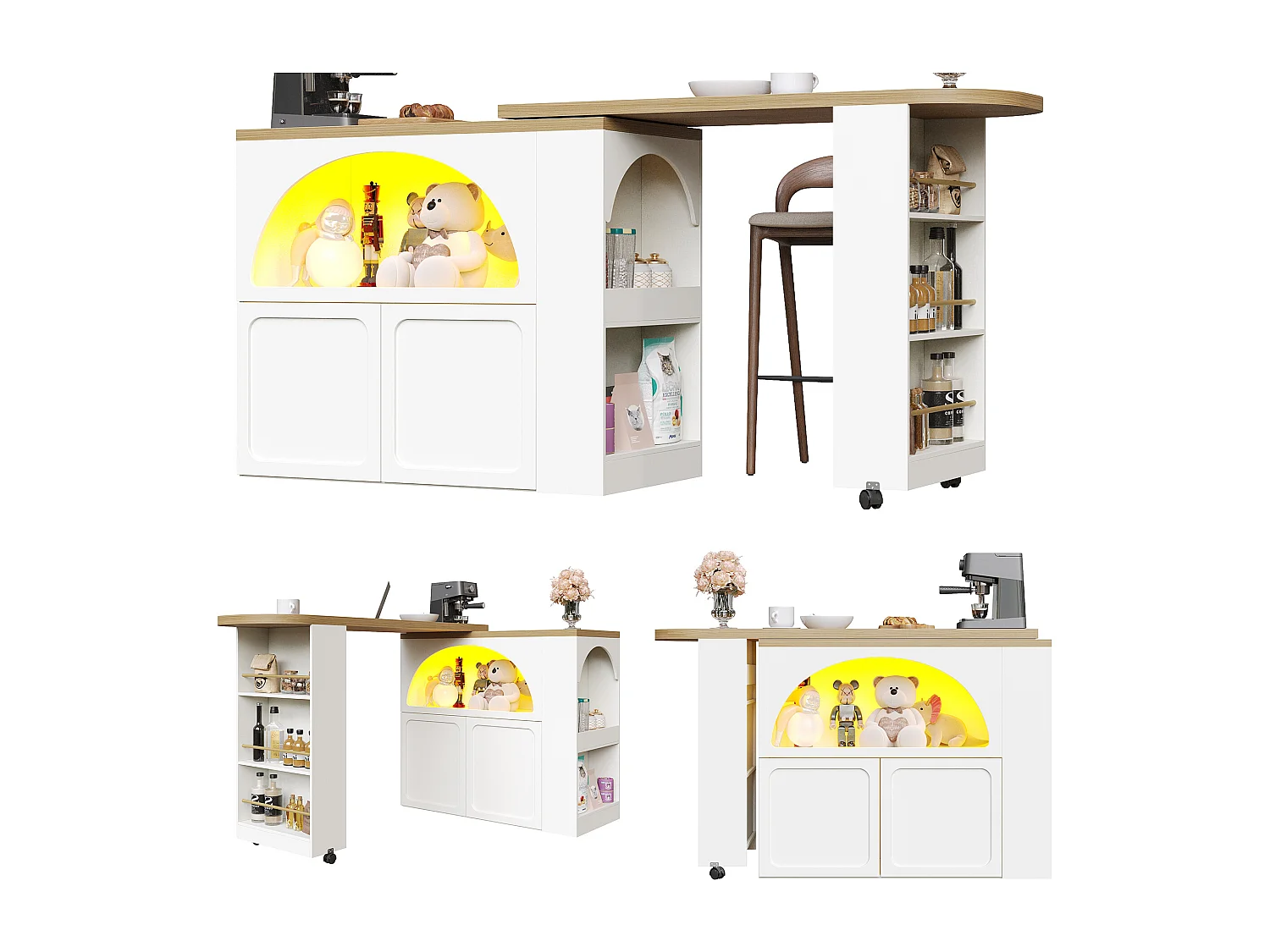 Ausziehbarer Stehtisch mit Stauraum - 135-205 x 39 x 100 cm - mobile Kücheninsel mit LEDs + 2 Türen - MDF - weiß