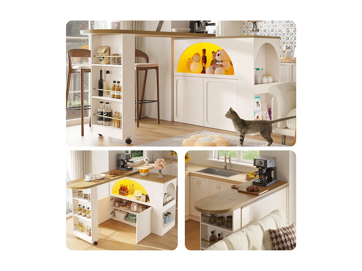 Tavolo da bar estensibile con contenitore - 135-205 x 39 x 100 cm - isola cucina mobile con LED + 2 ante - MDF - bianco