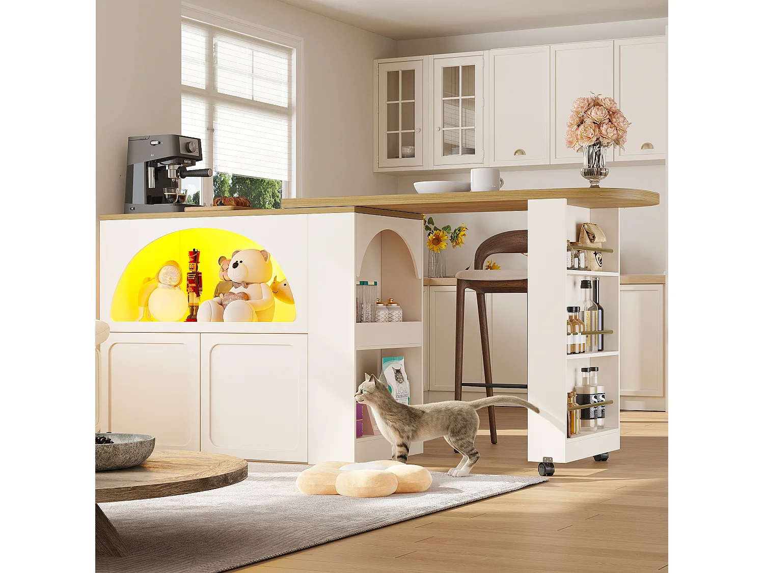 Tavolo da bar estensibile con contenitore - 135-205 x 39 x 100 cm - isola cucina mobile con LED + 2 ante - MDF - bianco