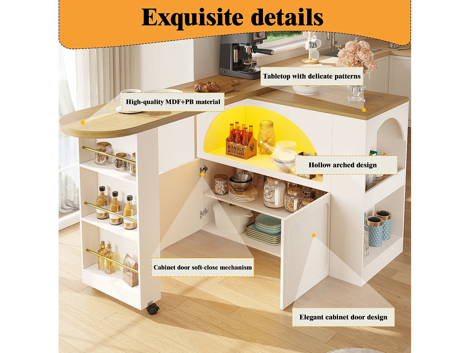 Tavolo da bar estensibile con contenitore - 135-205 x 39 x 100 cm - isola cucina mobile con LED + 2 ante - MDF - bianco