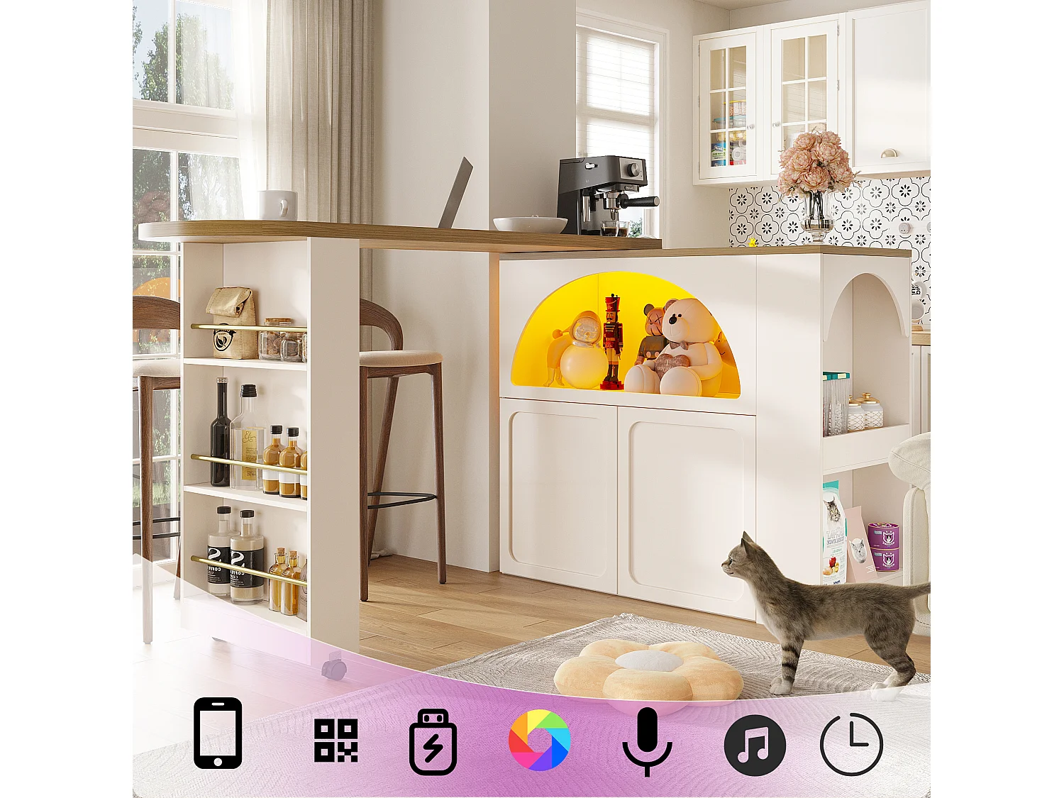 Tavolo da bar estensibile con contenitore - 135-205 x 39 x 100 cm - isola cucina mobile con LED + 2 ante - MDF - bianco