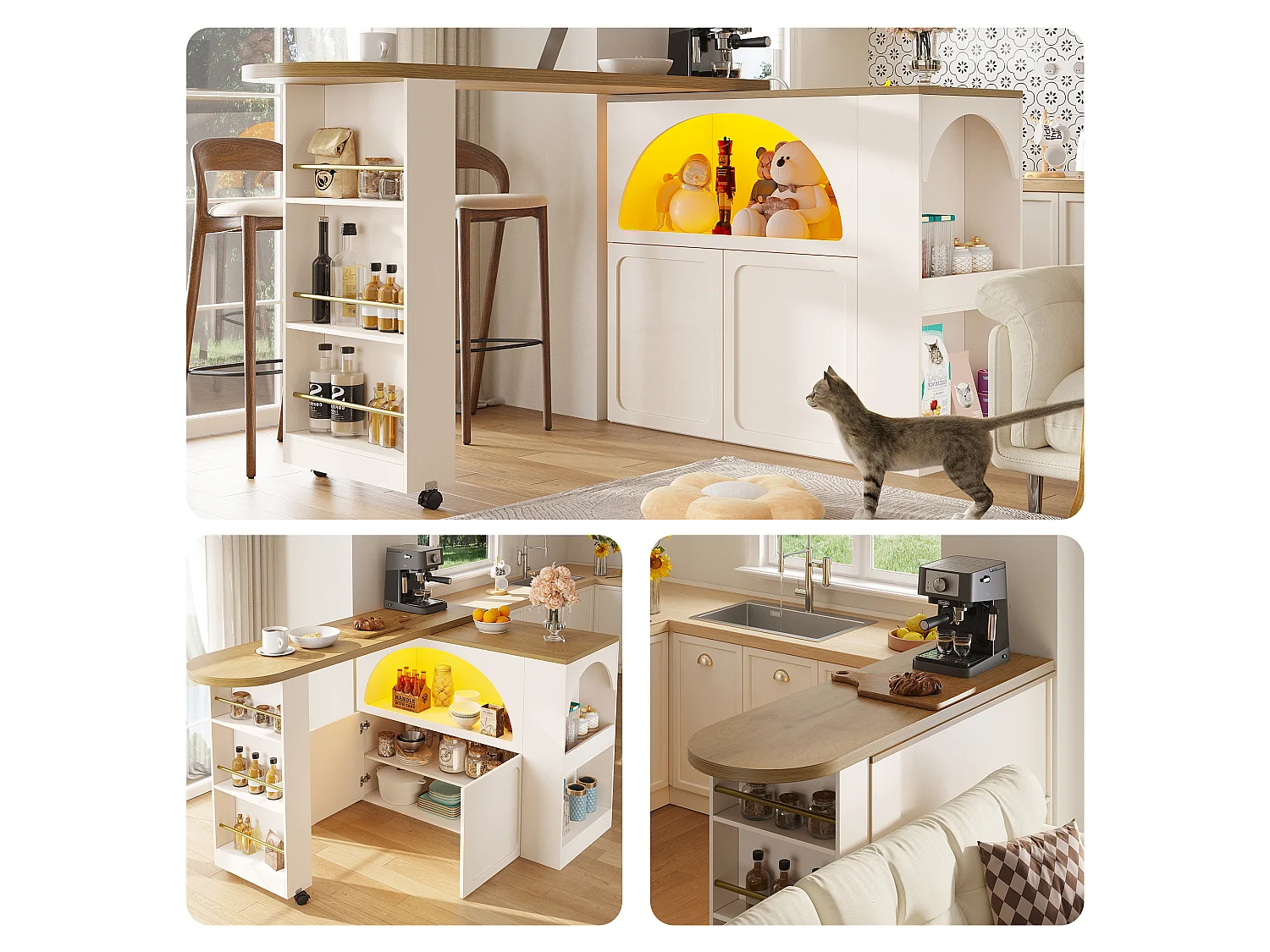 Tavolo da bar estensibile con contenitore - 135-205 x 39 x 100 cm - isola cucina mobile con LED + 2 ante - MDF - bianco