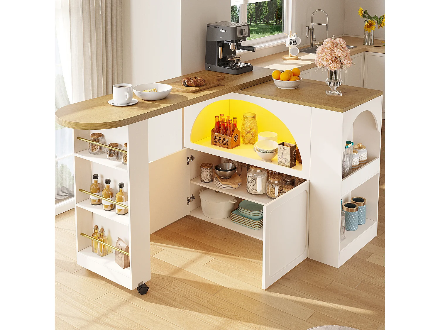 Tavolo da bar estensibile con contenitore - 135-205 x 39 x 100 cm - isola cucina mobile con LED + 2 ante - MDF - bianco