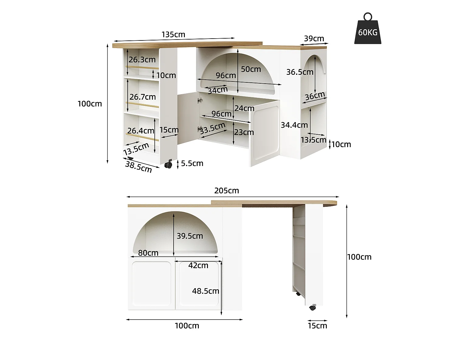 Tavolo da bar estensibile con contenitore - 135-205 x 39 x 100 cm - isola cucina mobile con LED + 2 ante - MDF - bianco