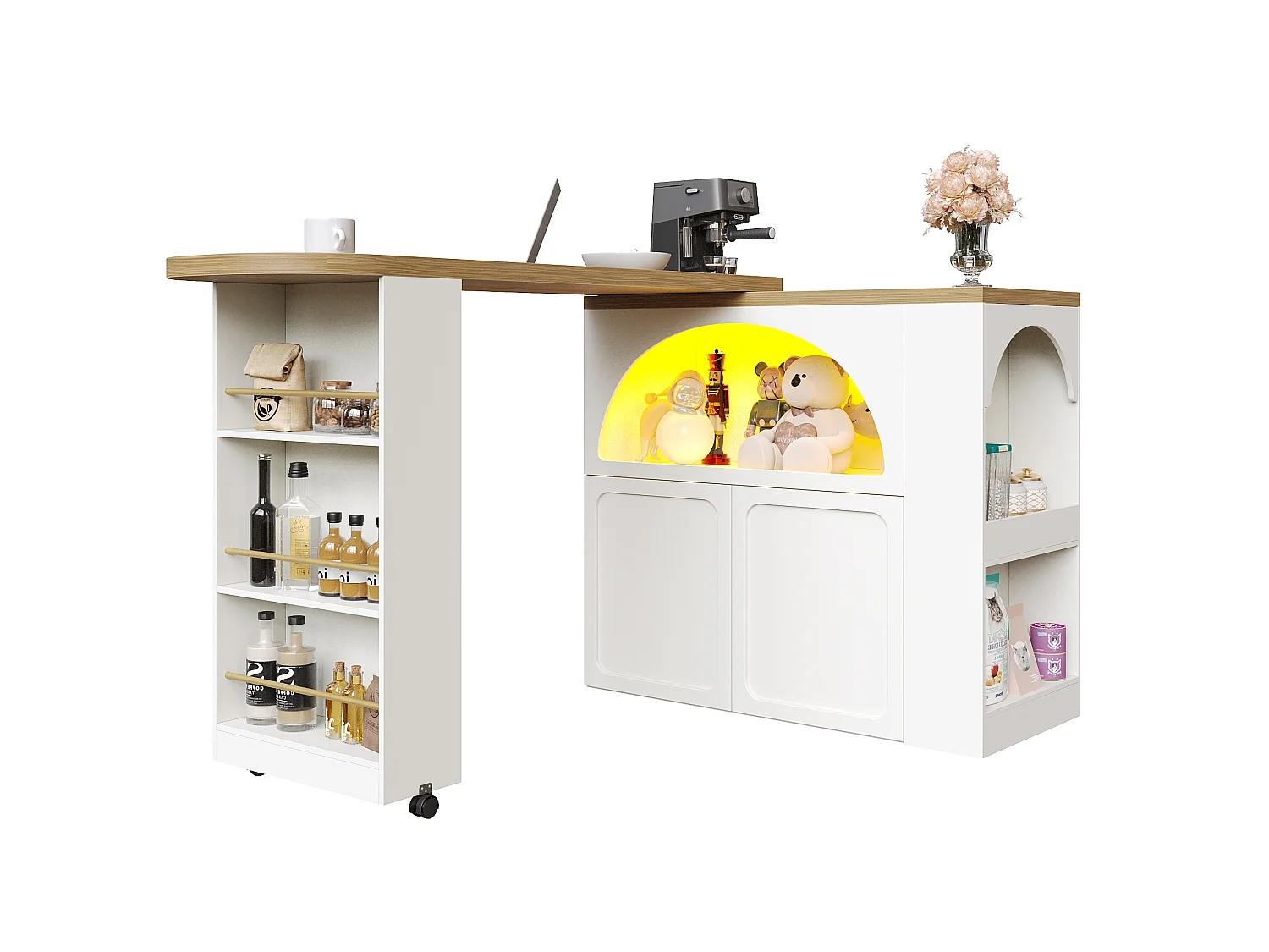 Tavolo da bar estensibile con contenitore - 135-205 x 39 x 100 cm - isola cucina mobile con LED + 2 ante - MDF - bianco