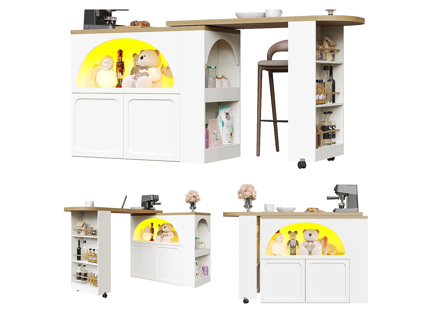 Tavolo da bar estensibile con contenitore - 135-205 x 39 x 100 cm - isola cucina mobile con LED + 2 ante - MDF - bianco
