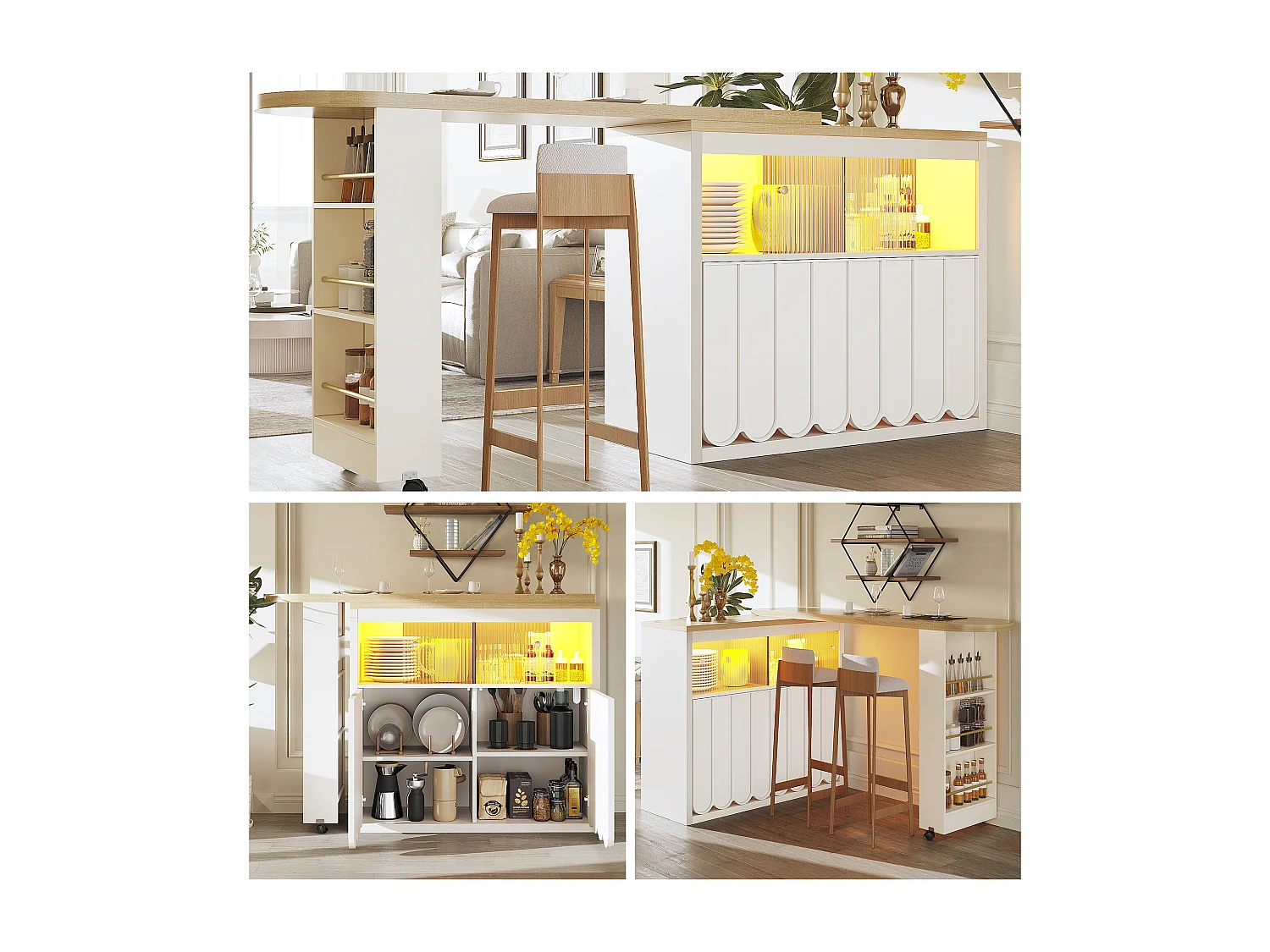 Ausziehbarer Stehtisch mit Stauraum - 135-205 x 39 x 100 cm - mobile Kücheninsel mit LEDs + 4 Türen - MDF - weiß