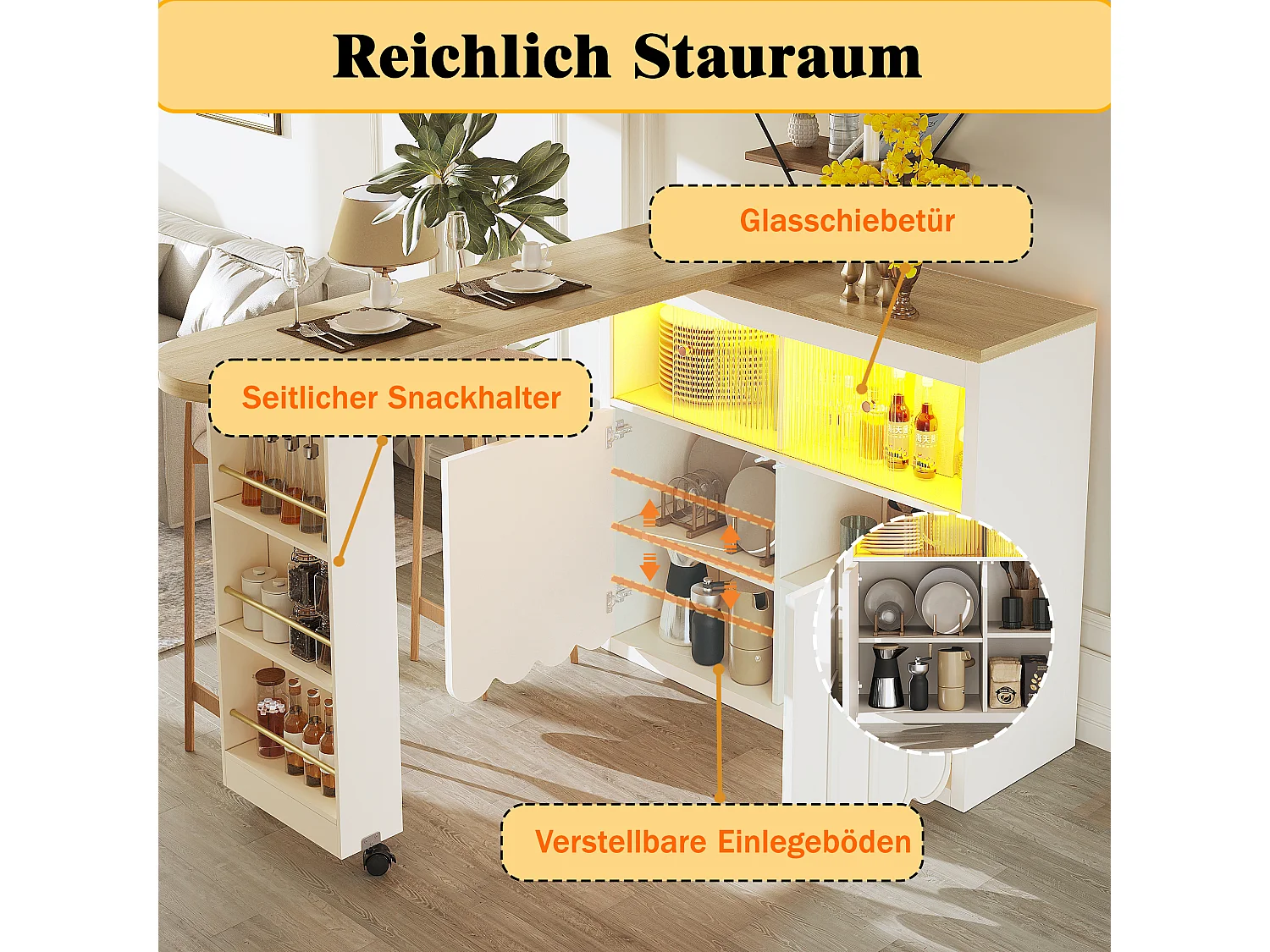 Ausziehbarer Stehtisch mit Stauraum - 135-205 x 39 x 100 cm - mobile Kücheninsel mit LEDs + 4 Türen - MDF - weiß