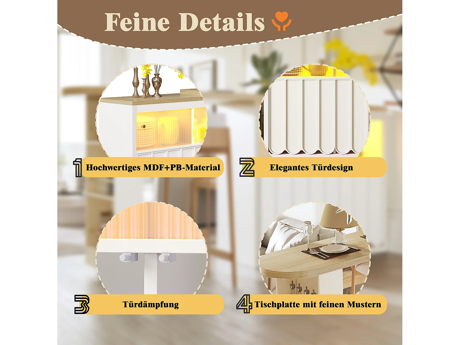 Ausziehbarer Stehtisch mit Stauraum - 135-205 x 39 x 100 cm - mobile Kücheninsel mit LEDs + 4 Türen - MDF - weiß