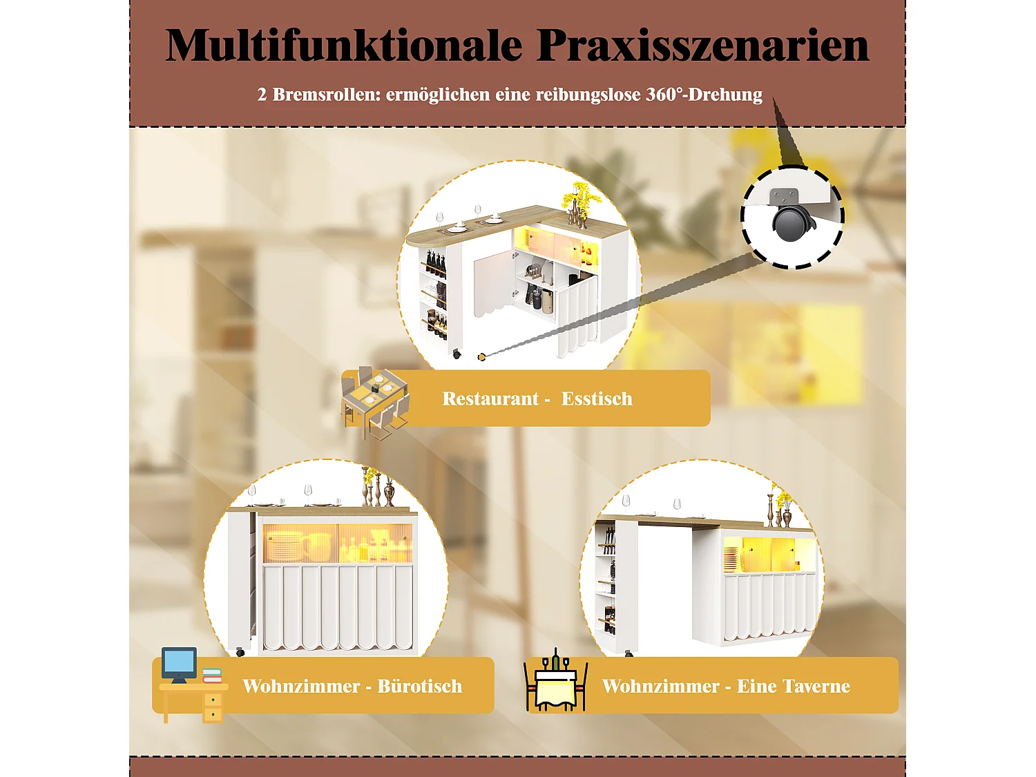 Ausziehbarer Stehtisch mit Stauraum - 135-205 x 39 x 100 cm - mobile Kücheninsel mit LEDs + 4 Türen - MDF - weiß