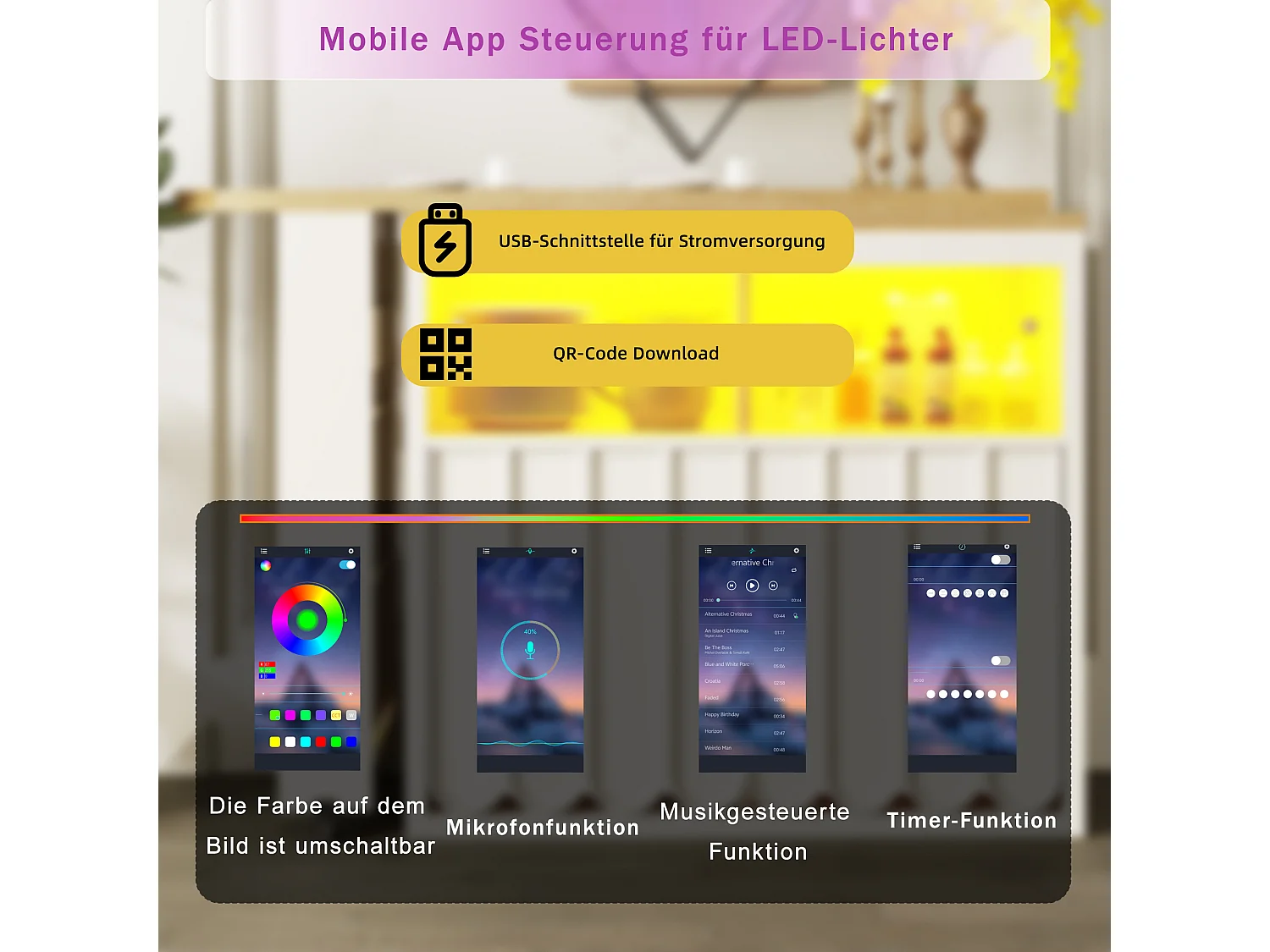 Ausziehbarer Stehtisch mit Stauraum - 135-205 x 39 x 100 cm - mobile Kücheninsel mit LEDs + 4 Türen - MDF - weiß