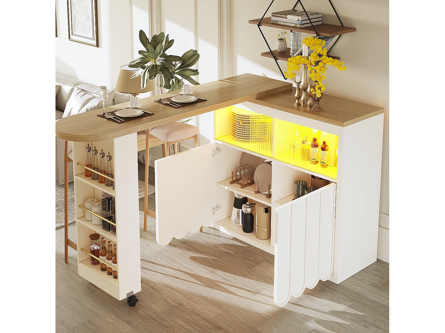 Tavolo da bar estensibile con contenitore - 135-205 x 39 x 100 cm - isola cucina mobile con LED + 4 ante - MDF - bianco