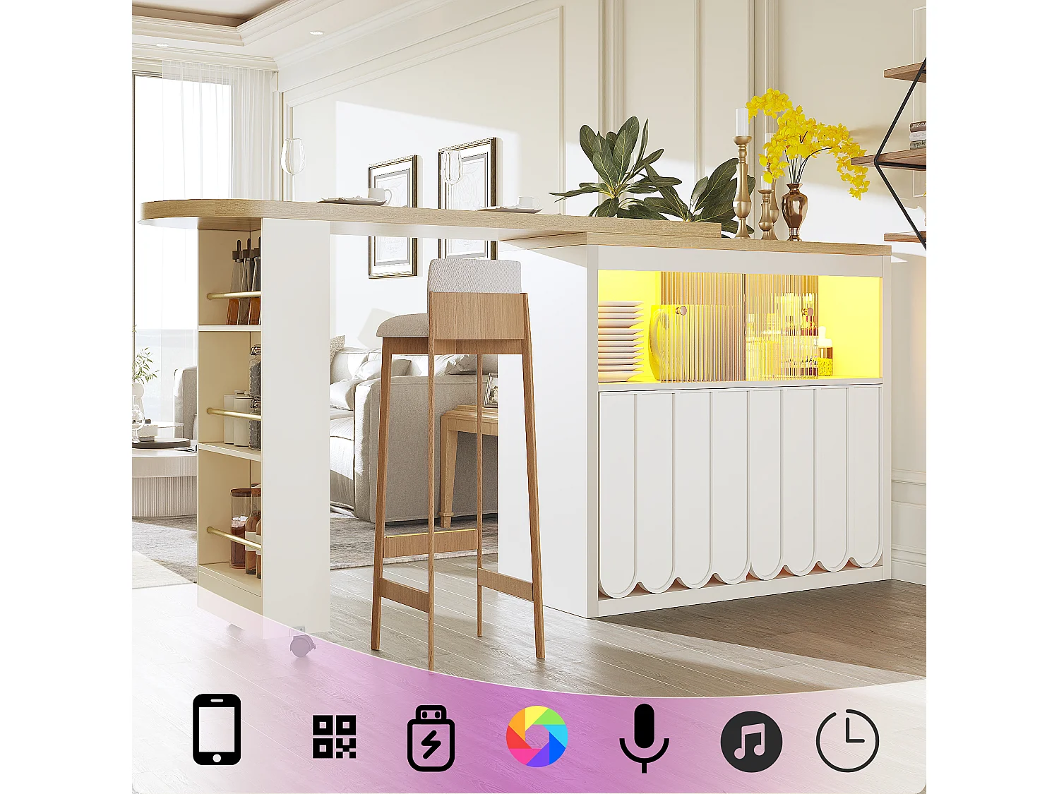 Tavolo da bar estensibile con contenitore - 135-205 x 39 x 100 cm - isola cucina mobile con LED + 4 ante - MDF - bianco