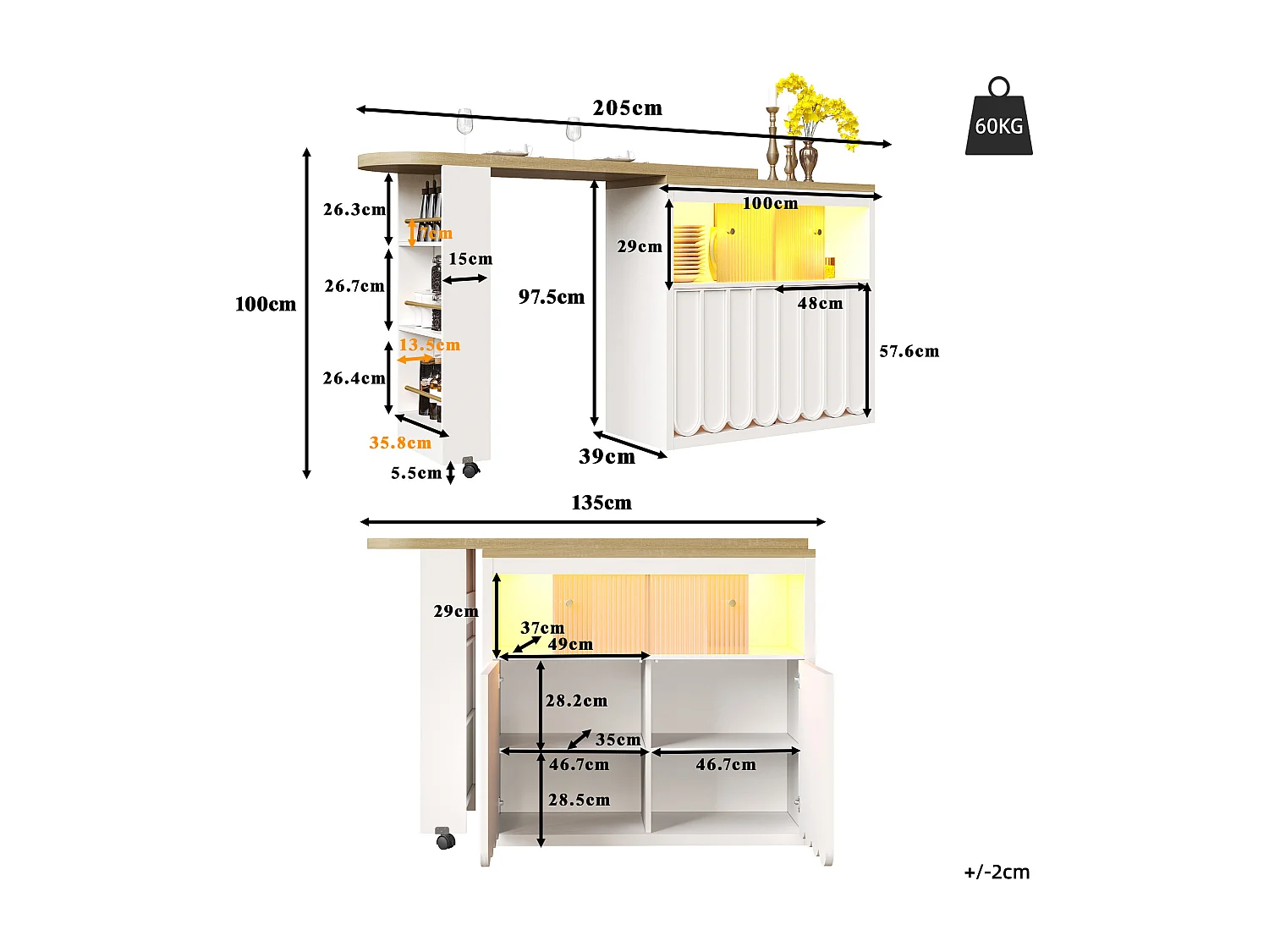 Tavolo da bar estensibile con contenitore - 135-205 x 39 x 100 cm - isola cucina mobile con LED + 4 ante - MDF - bianco