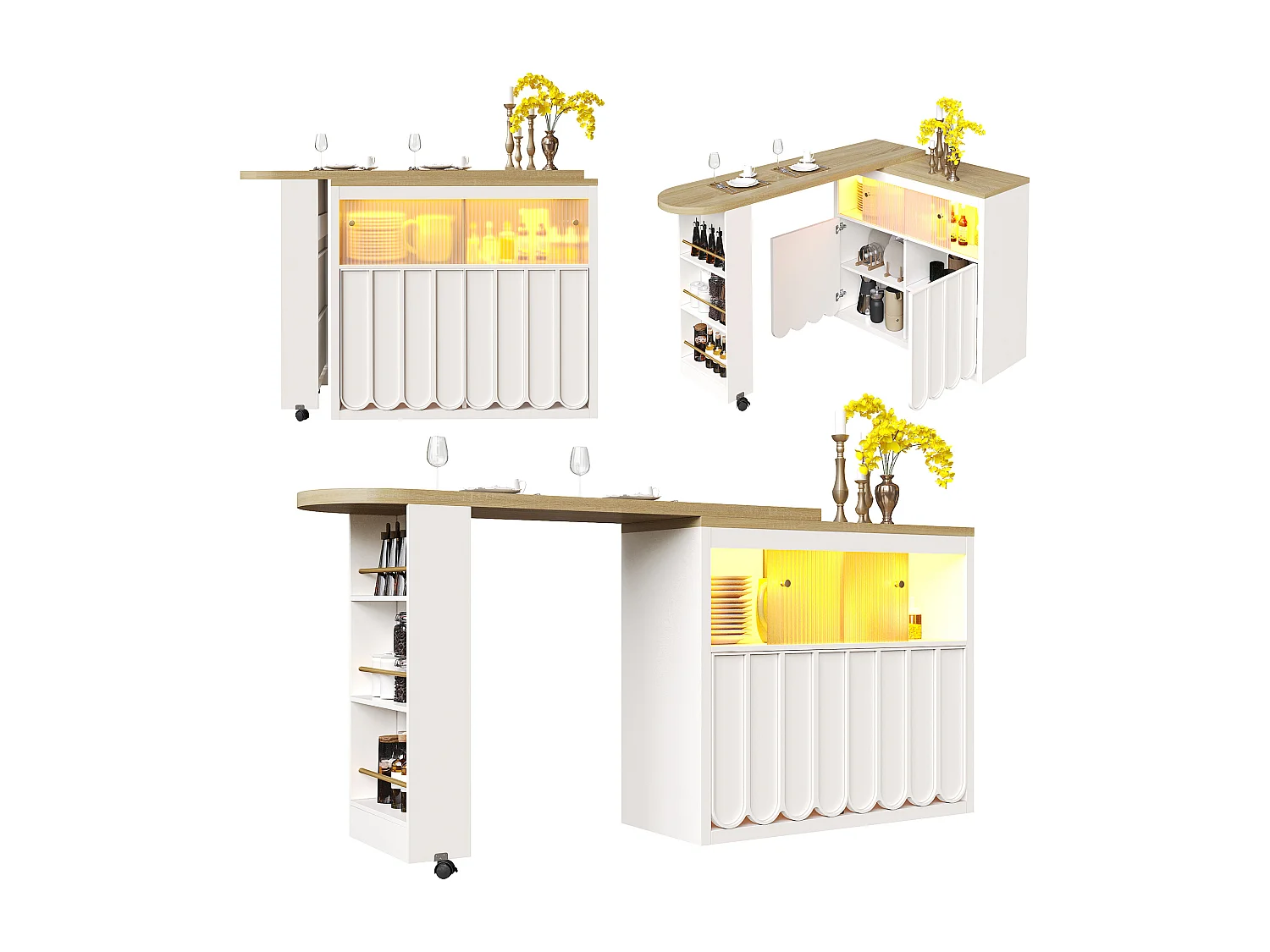 Tavolo da bar estensibile con contenitore - 135-205 x 39 x 100 cm - isola cucina mobile con LED + 4 ante - MDF - bianco