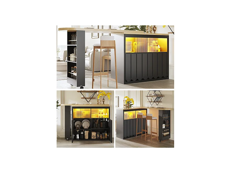 Ausziehbarer Stehtisch mit Stauraum - 135-205 x 39 x 100 cm - mobile Kücheninsel mit LEDs + 4 Türen - MDF - Schwarz