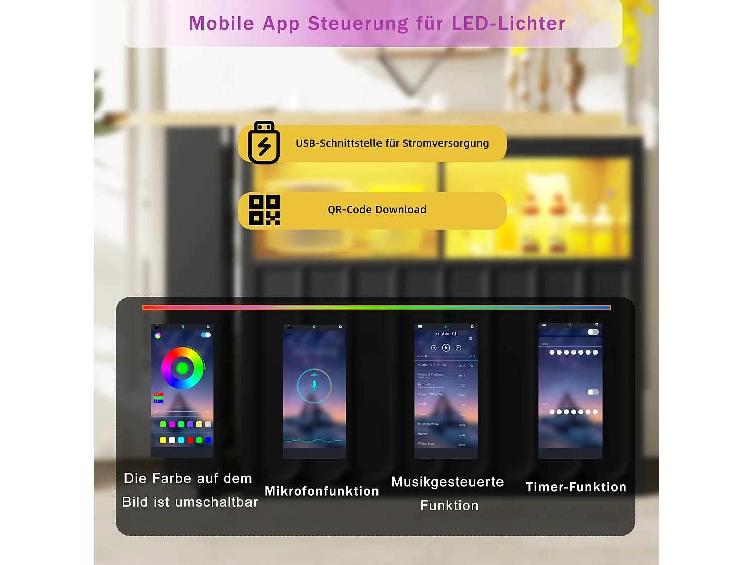 Ausziehbarer Stehtisch mit Stauraum - 135-205 x 39 x 100 cm - mobile Kücheninsel mit LEDs + 4 Türen - MDF - Schwarz