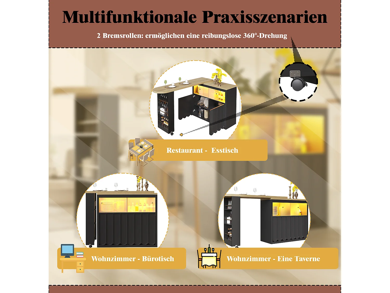 Ausziehbarer Stehtisch mit Stauraum - 135-205 x 39 x 100 cm - mobile Kücheninsel mit LEDs + 4 Türen - MDF - Schwarz