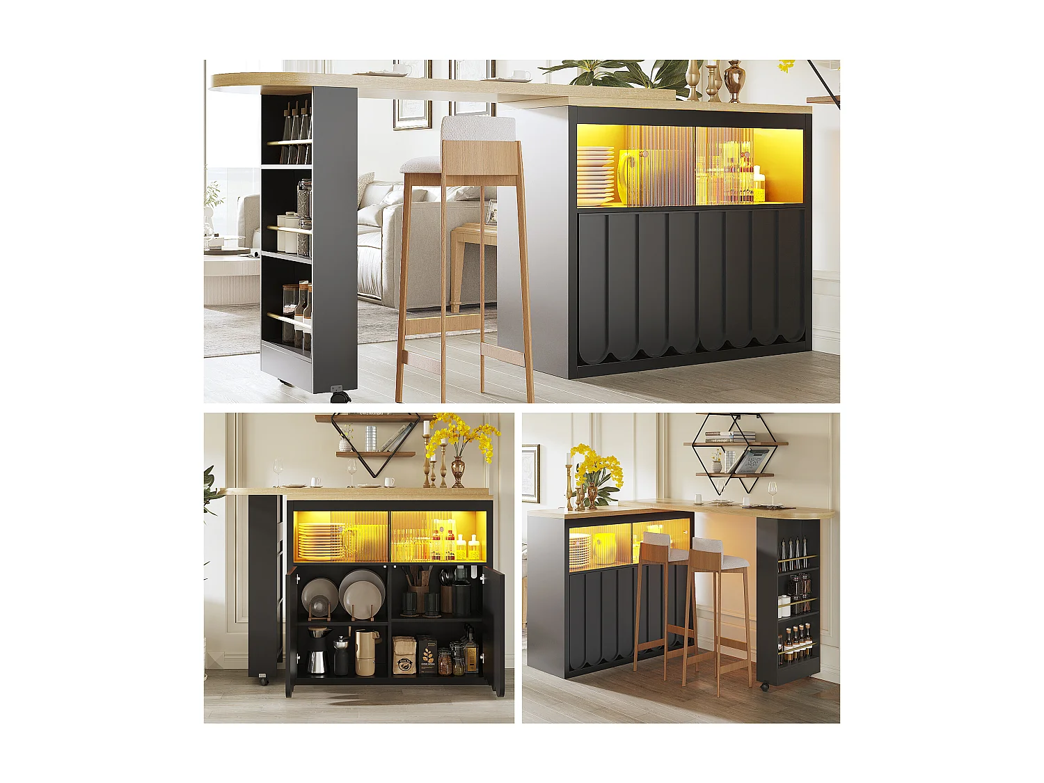Tavolo da bar estensibile con contenitore - 135-205 x 39 x 100 cm - isola cucina mobile con LED + 4 ante - MDF - nero