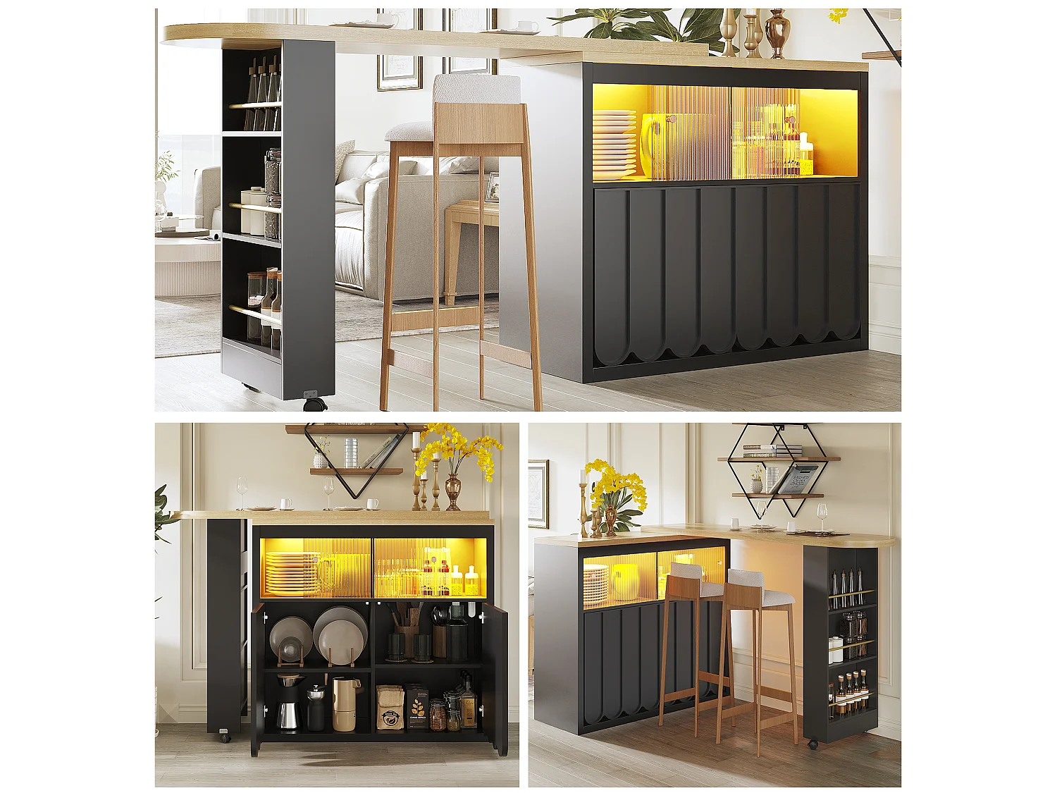 Mesa de bar extensible con almacenaje - 135-205 x 39 x 100 cm - isla de cocina móvil con LED + 4 puertas - MDF - negro