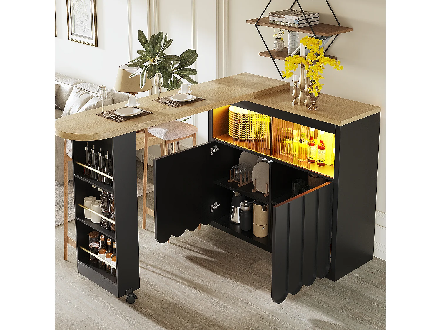 Mesa de bar extensible con almacenaje - 135-205 x 39 x 100 cm - isla de cocina móvil con LED + 4 puertas - MDF - negro