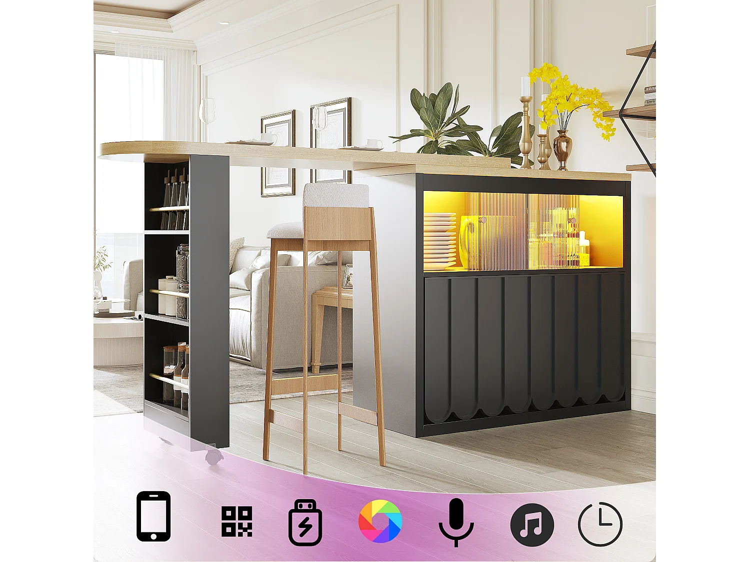 Mesa de bar extensible con almacenaje - 135-205 x 39 x 100 cm - isla de cocina móvil con LED + 4 puertas - MDF - negro