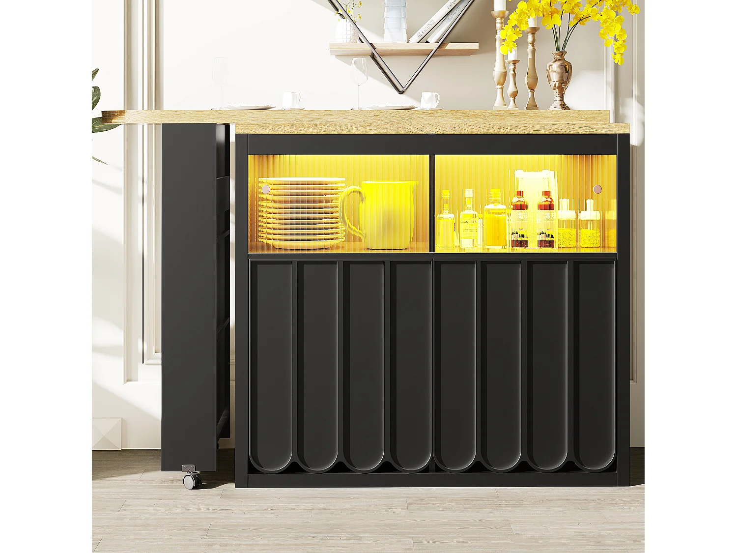 Mesa de bar extensible con almacenaje - 135-205 x 39 x 100 cm - isla de cocina móvil con LED + 4 puertas - MDF - negro