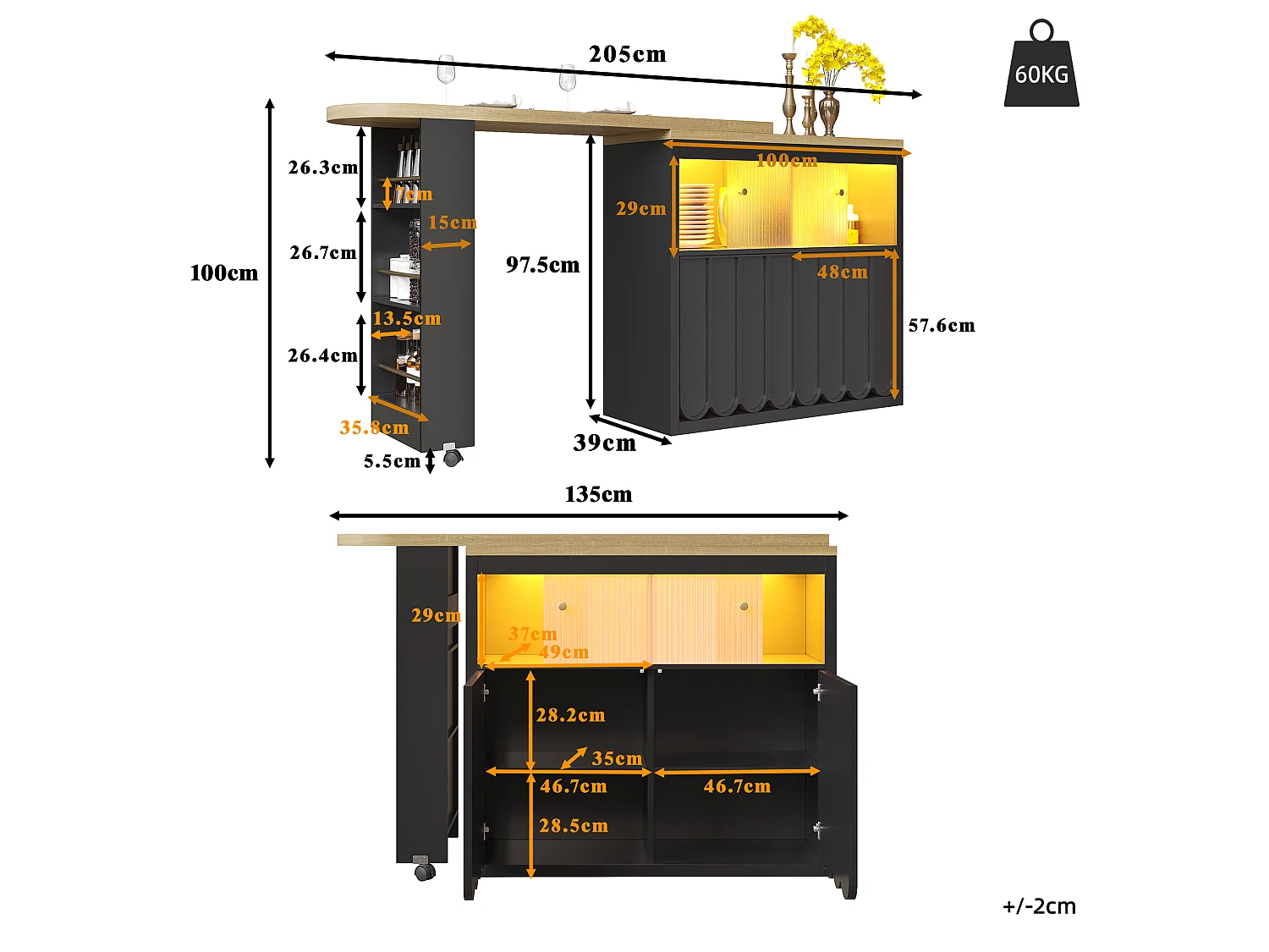 Mesa de bar extensible con almacenaje - 135-205 x 39 x 100 cm - isla de cocina móvil con LED + 4 puertas - MDF - negro