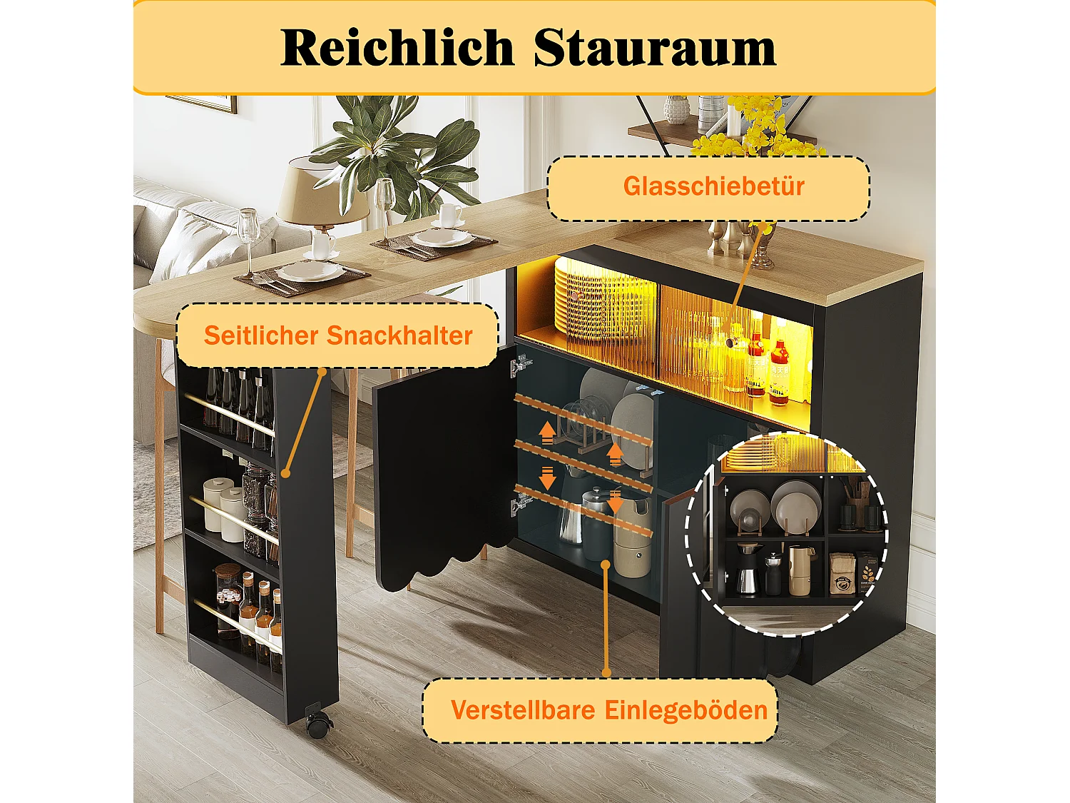 Mesa de bar extensible con almacenaje - 135-205 x 39 x 100 cm - isla de cocina móvil con LED + 4 puertas - MDF - negro
