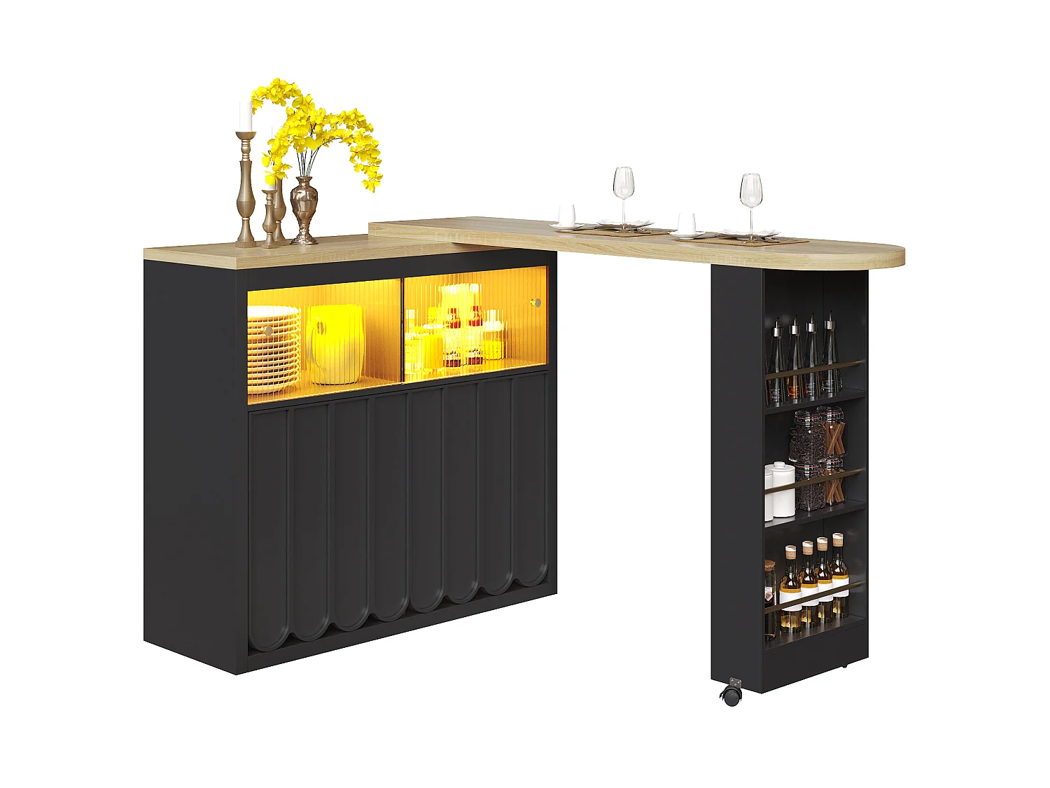 Mesa de bar extensible con almacenaje - 135-205 x 39 x 100 cm - isla de cocina móvil con LED + 4 puertas - MDF - negro