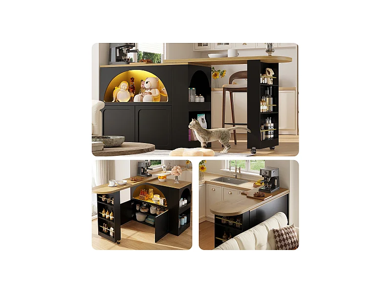 Ausziehbarer Stehtisch mit Stauraum - 135-205 x 39 x 100 cm - mobile Kücheninsel mit LEDs + 2 Türen - MDF - Schwarz