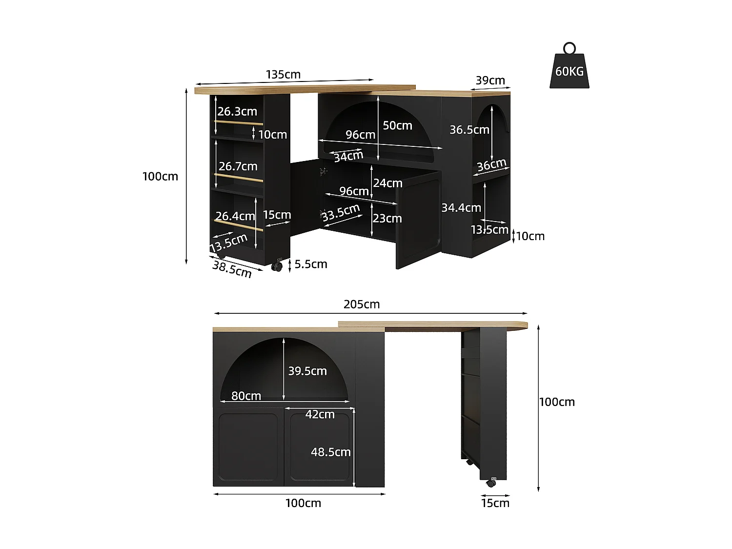 Ausziehbarer Stehtisch mit Stauraum - 135-205 x 39 x 100 cm - mobile Kücheninsel mit LEDs + 2 Türen - MDF - Schwarz