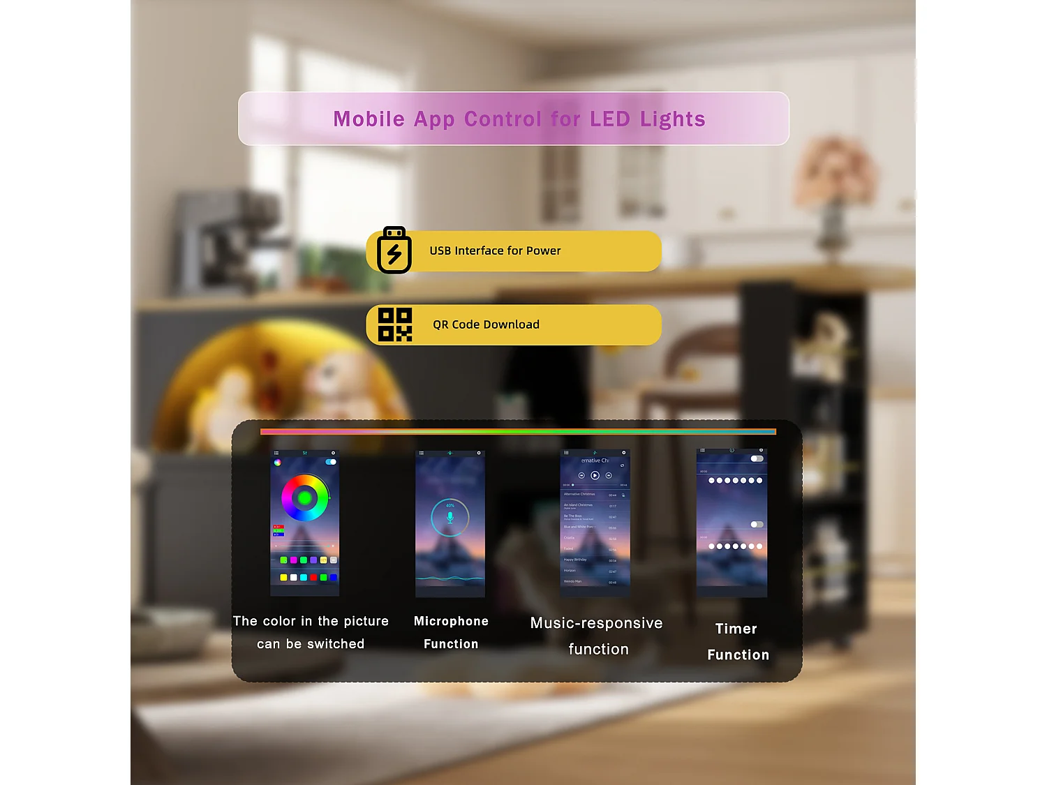 Ausziehbarer Stehtisch mit Stauraum - 135-205 x 39 x 100 cm - mobile Kücheninsel mit LEDs + 2 Türen - MDF - Schwarz