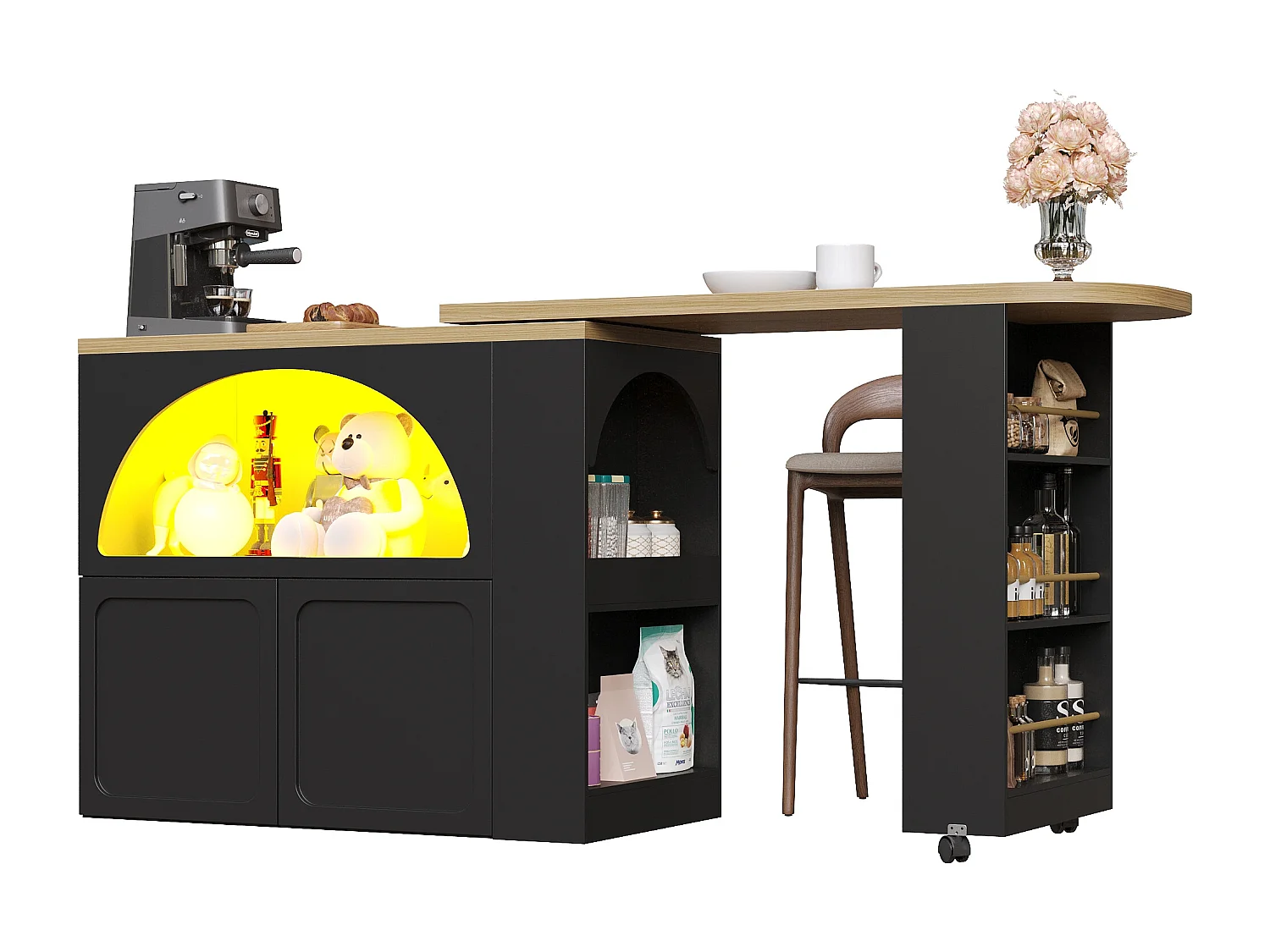 Ausziehbarer Stehtisch mit Stauraum - 135-205 x 39 x 100 cm - mobile Kücheninsel mit LEDs + 2 Türen - MDF - Schwarz