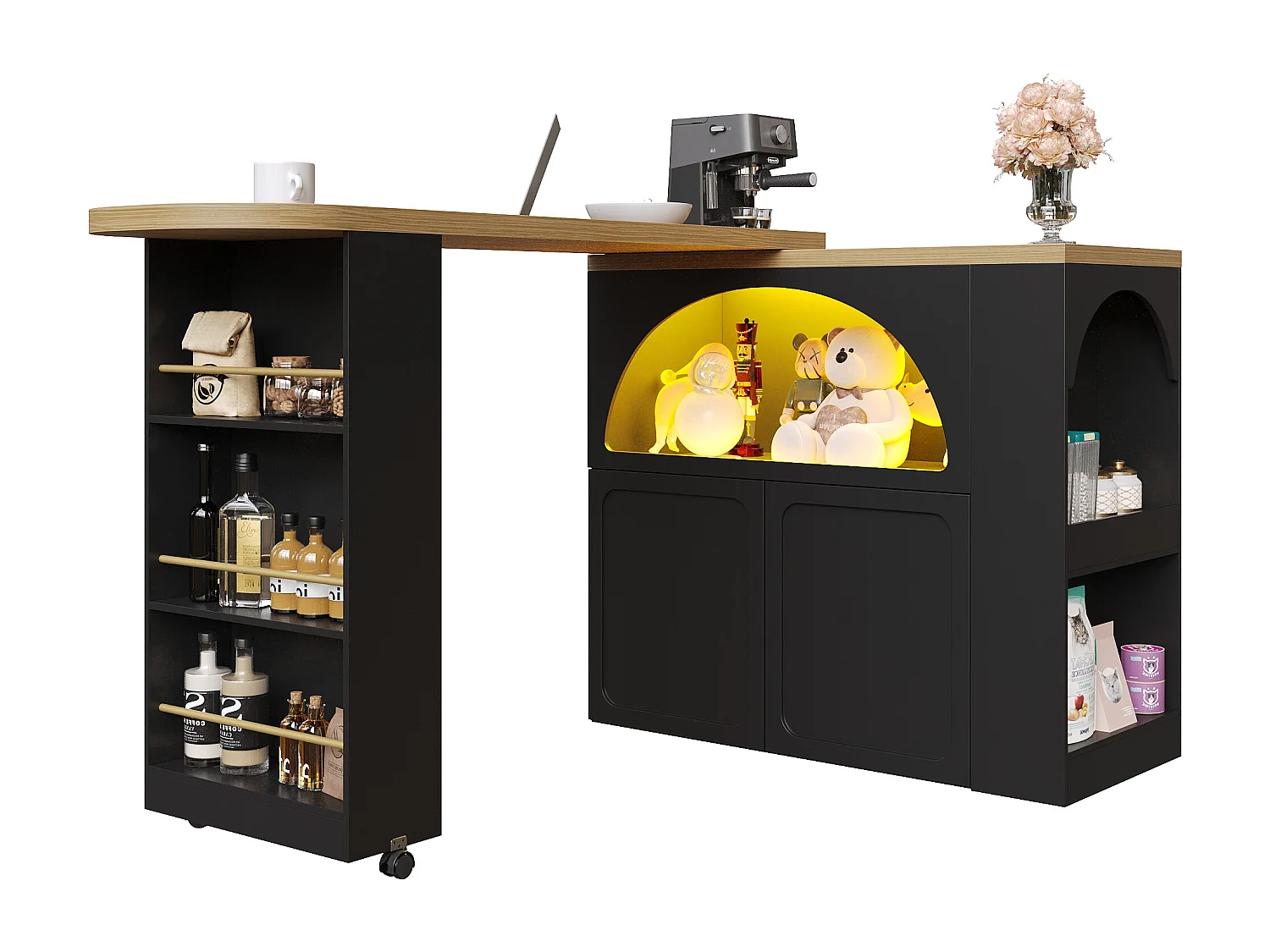 Ausziehbarer Stehtisch mit Stauraum - 135-205 x 39 x 100 cm - mobile Kücheninsel mit LEDs + 2 Türen - MDF - Schwarz