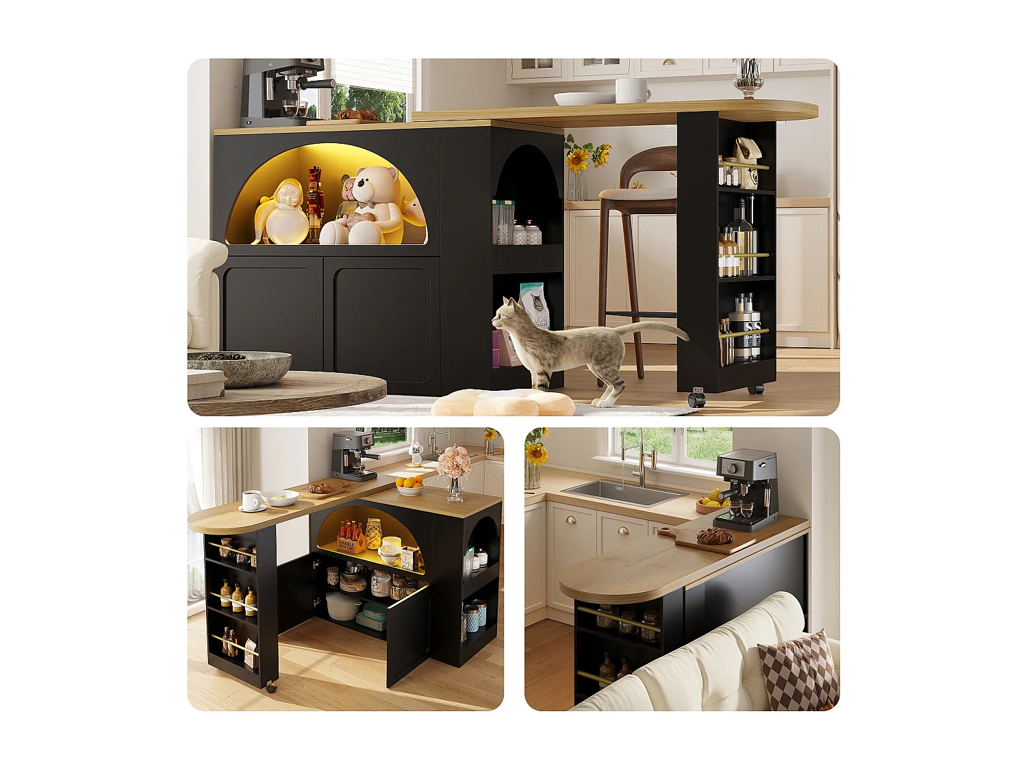 Tavolo da bar estensibile con contenitore - 135-205 x 39 x 100 cm - isola cucina mobile con LED + 2 ante - MDF - nero