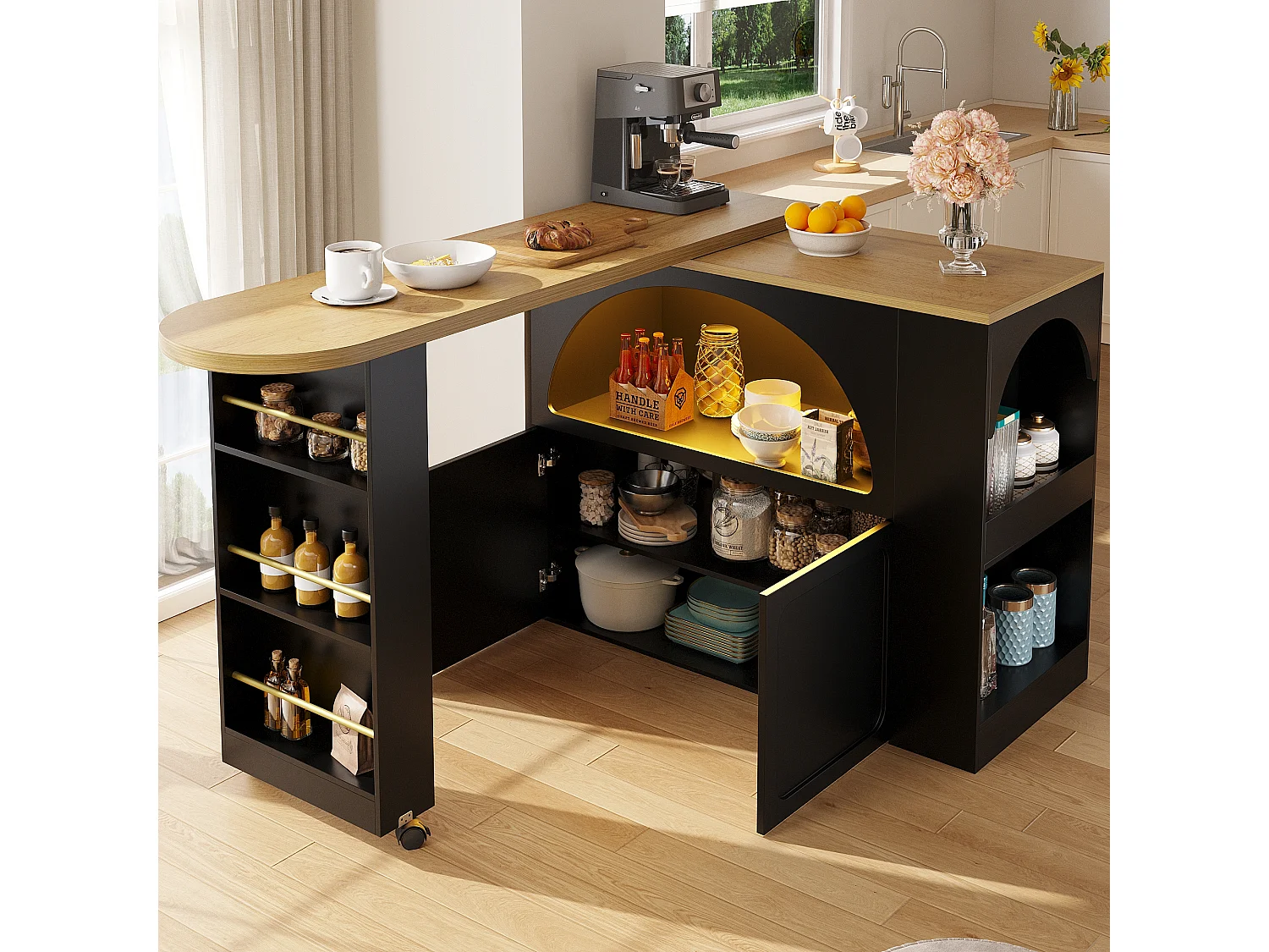 Tavolo da bar estensibile con contenitore - 135-205 x 39 x 100 cm - isola cucina mobile con LED + 2 ante - MDF - nero