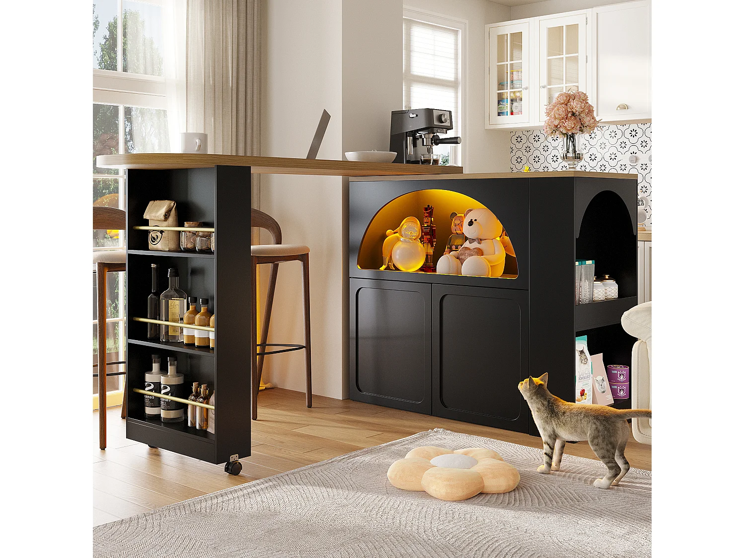 Tavolo da bar estensibile con contenitore - 135-205 x 39 x 100 cm - isola cucina mobile con LED + 2 ante - MDF - nero