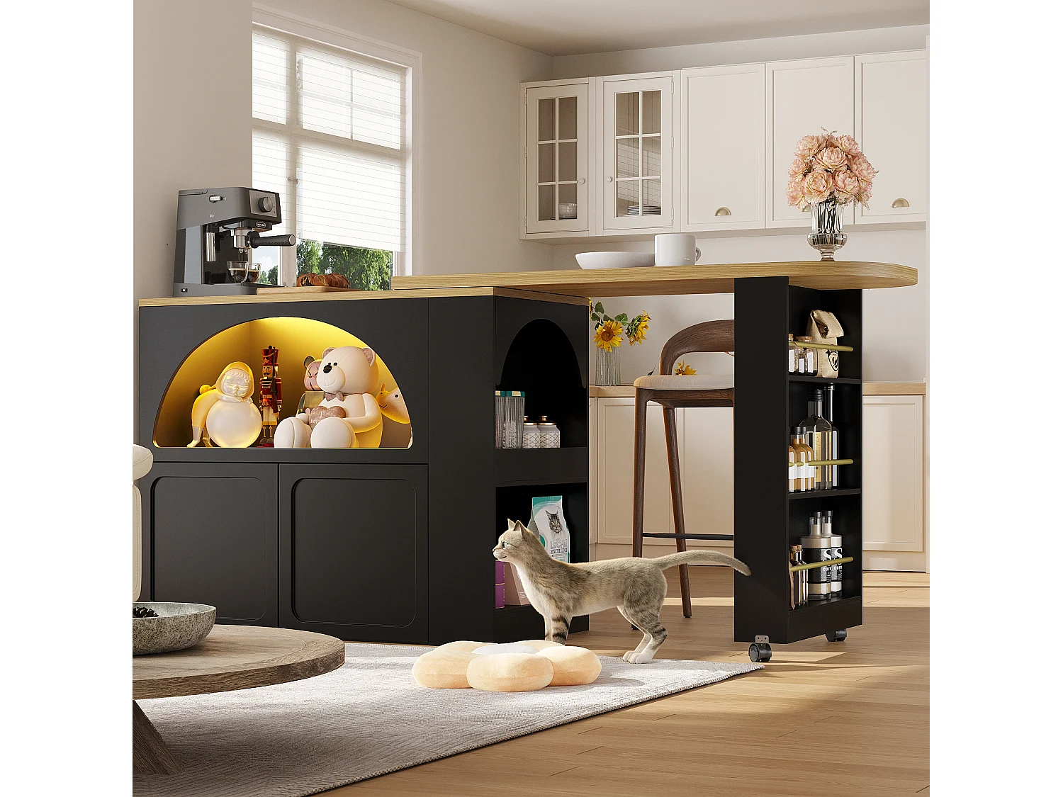 Tavolo da bar estensibile con contenitore - 135-205 x 39 x 100 cm - isola cucina mobile con LED + 2 ante - MDF - nero