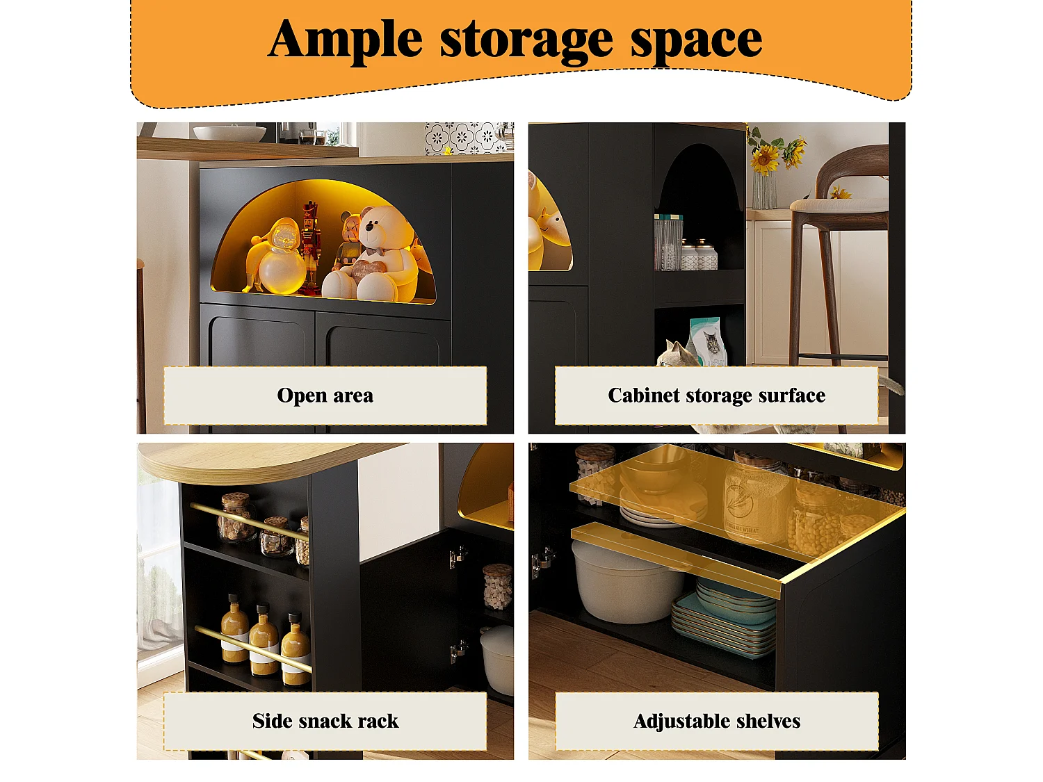 Tavolo da bar estensibile con contenitore - 135-205 x 39 x 100 cm - isola cucina mobile con LED + 2 ante - MDF - nero