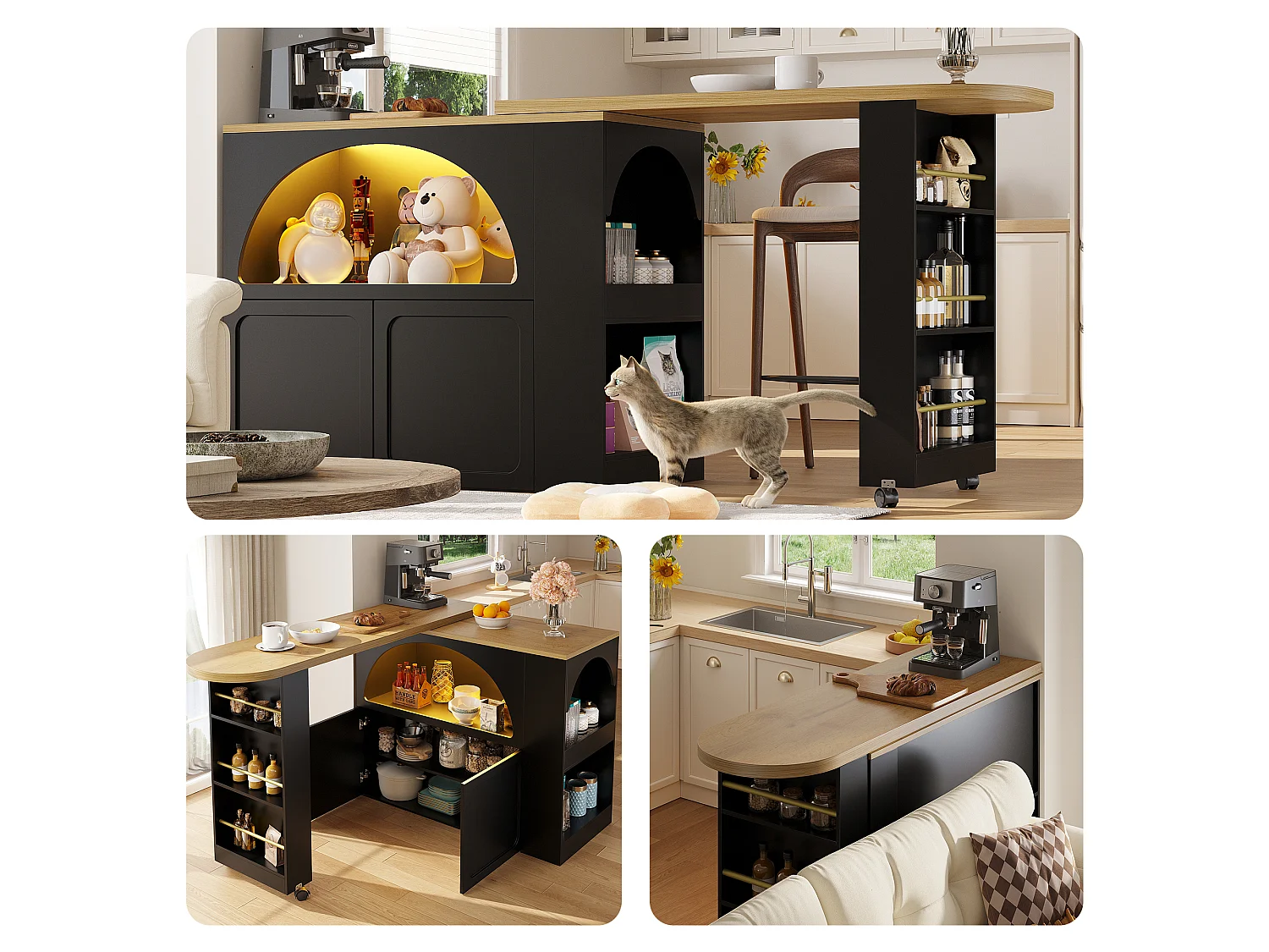 Table de bar extensible avec rangement - 135-205 x 39 x 100 cm - îlot de cuisine mobile avec Leds + 2 portes - MDF - noir