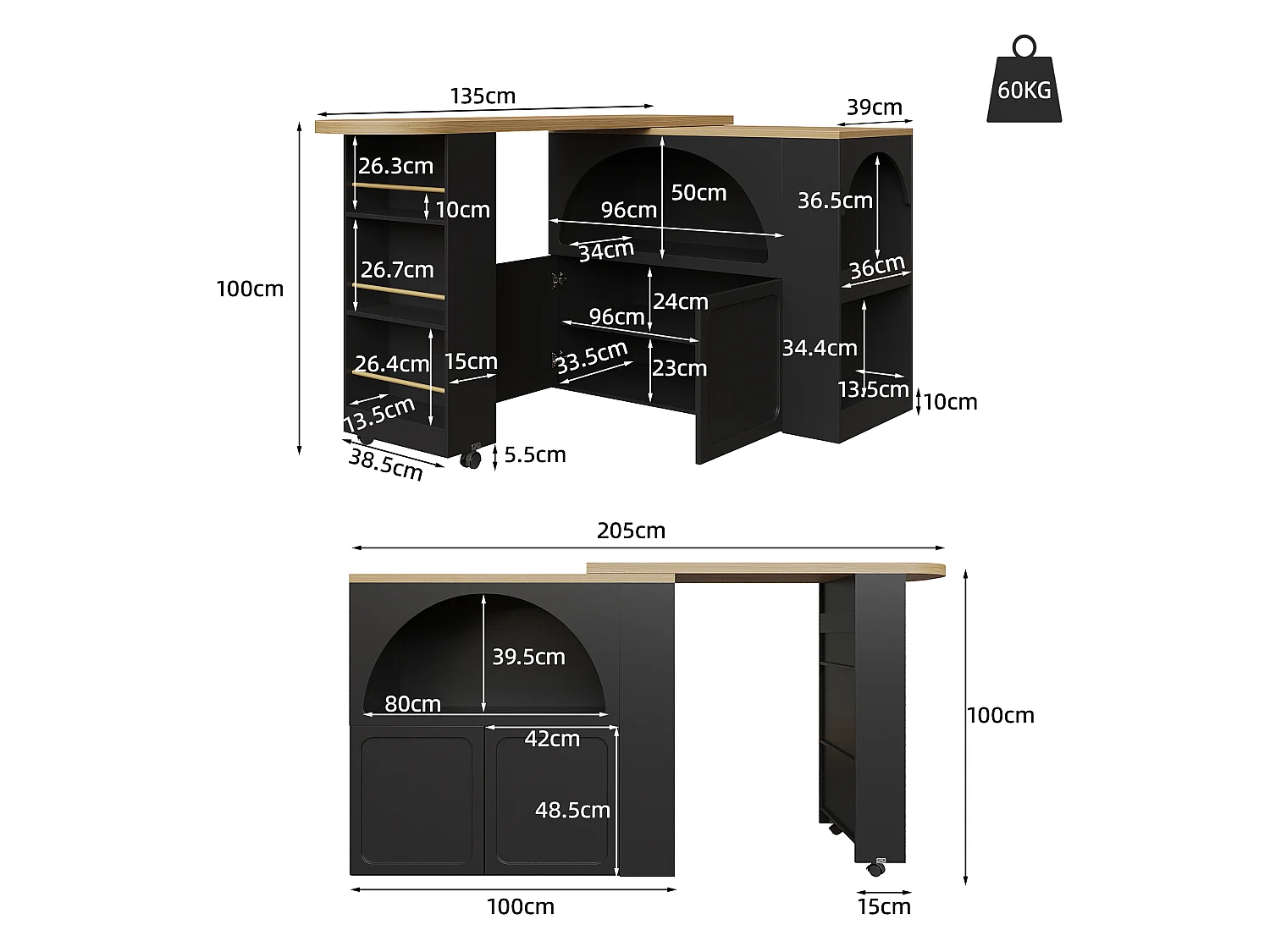 Table de bar extensible avec rangement - 135-205 x 39 x 100 cm - îlot de cuisine mobile avec Leds + 2 portes - MDF - noir