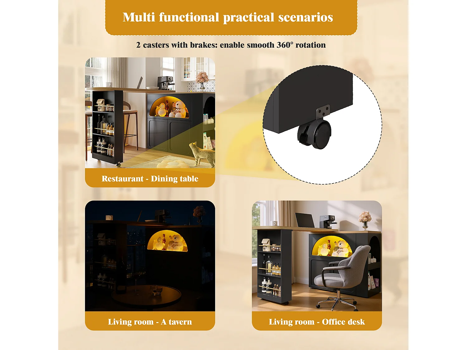Table de bar extensible avec rangement - 135-205 x 39 x 100 cm - îlot de cuisine mobile avec Leds + 2 portes - MDF - noir