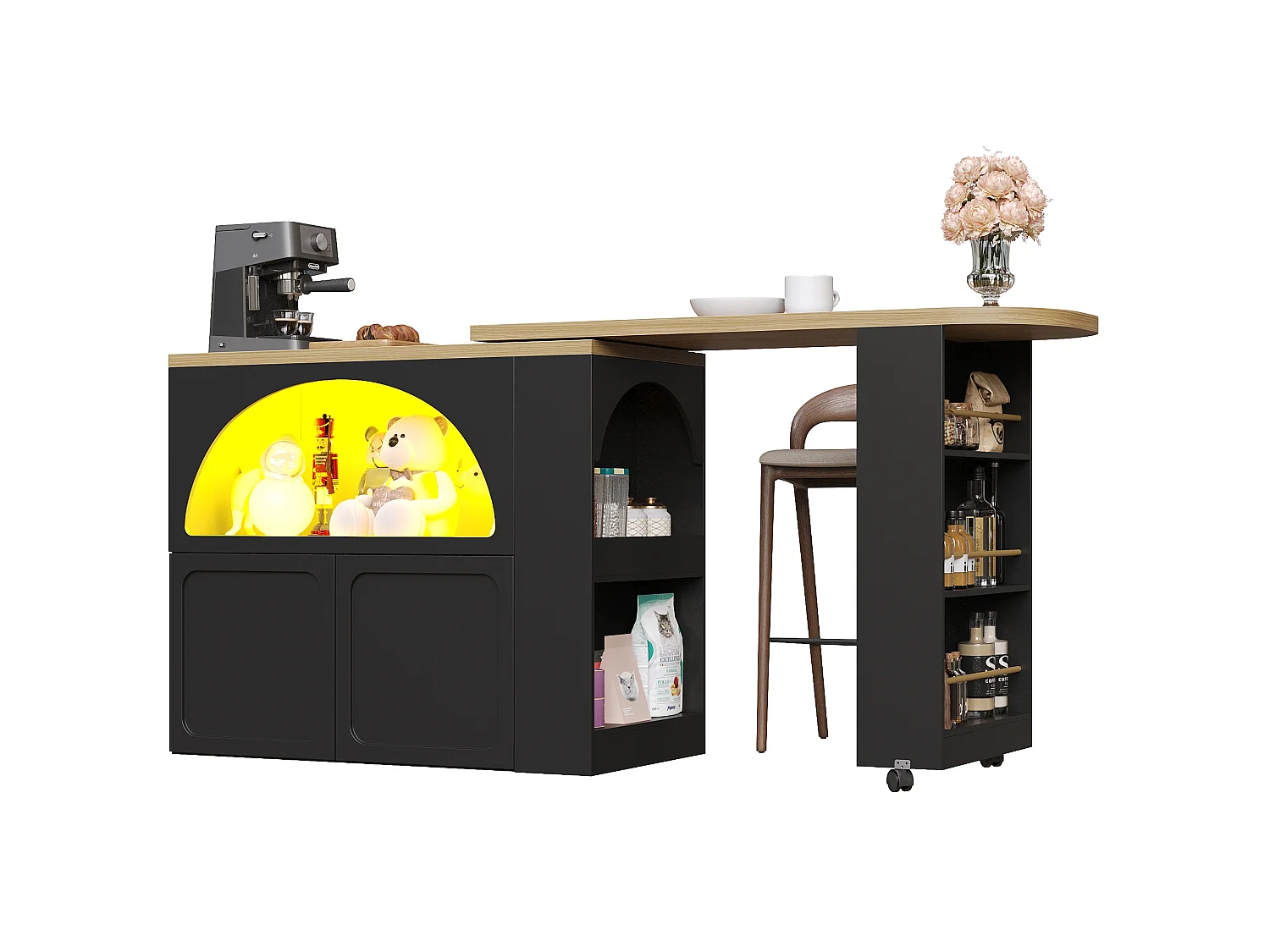 Table de bar extensible avec rangement - 135-205 x 39 x 100 cm - îlot de cuisine mobile avec Leds + 2 portes - MDF - noir