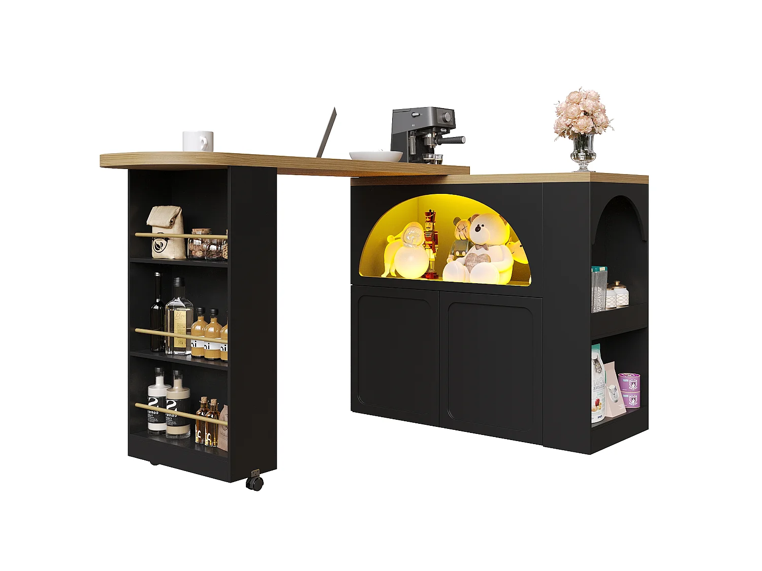 Table de bar extensible avec rangement - 135-205 x 39 x 100 cm - îlot de cuisine mobile avec Leds + 2 portes - MDF - noir
