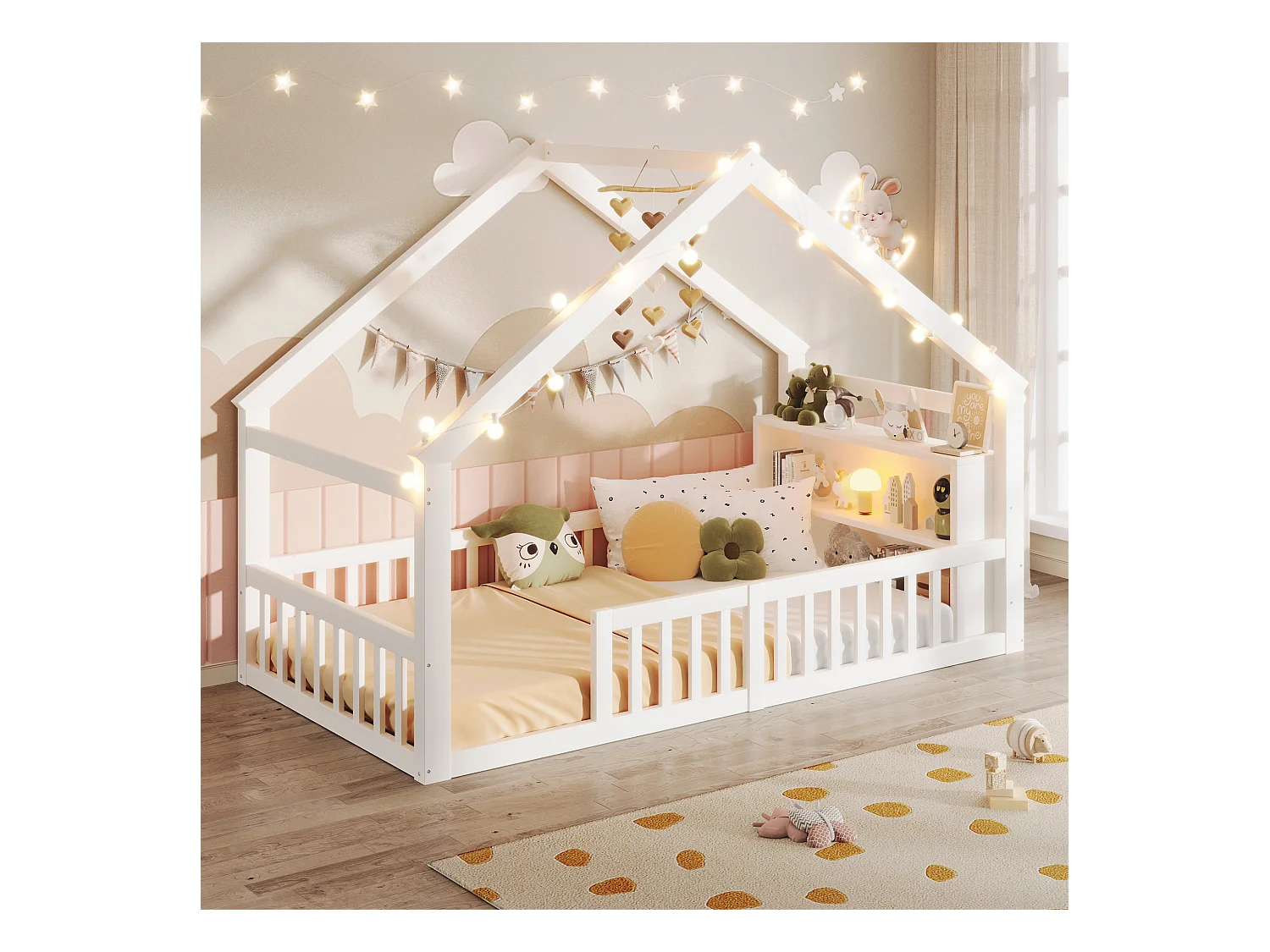 Lit plat pour enfant - 90 x 190 cm - avec barrière de sécurité  - style minimaliste - bois - blanc