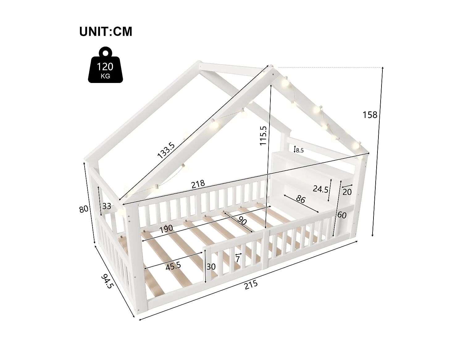Letto per bambini - 90 x 190 cm - con sponda di sicurezza - stile minimalista - legno - bianco