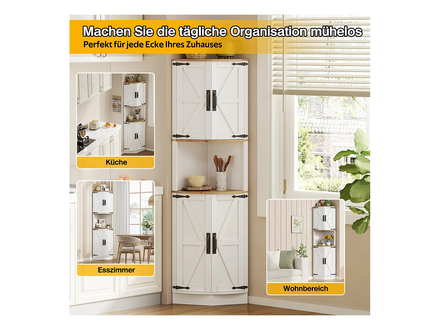 Eck-Sideboard - 39,5 x 39,5 x 180 cm - mit 4 Türen - für Küche und Esszimmer - MDF - weiß